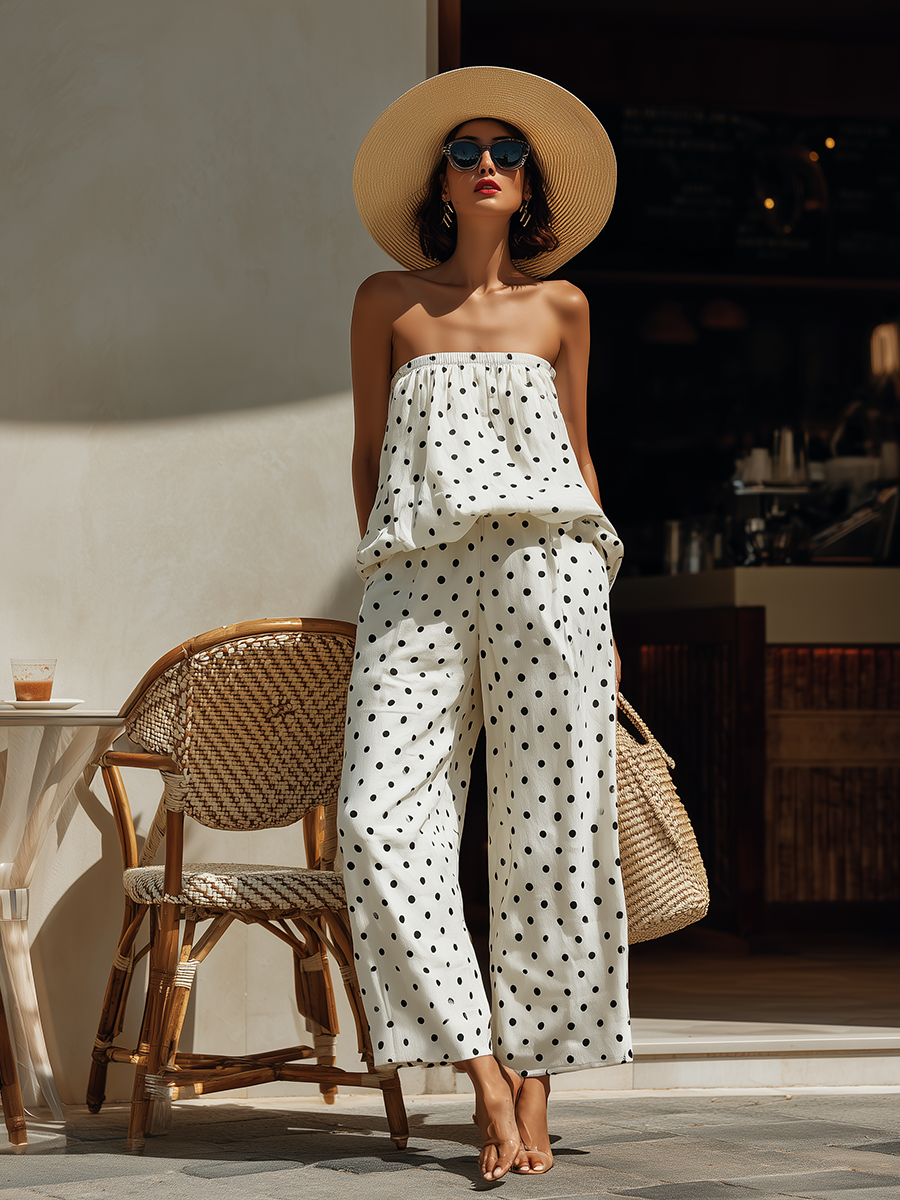 Classic Vacation Black Polka-Dot Strapless Top And Wide-Leg Pants Cotton-Linen Set