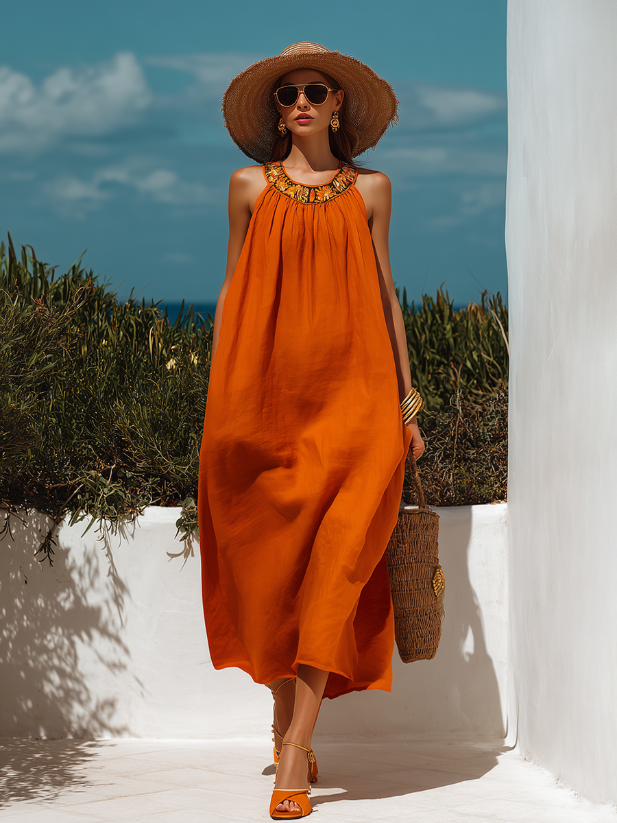 Loose-Fit Bohemian-Style Embroidered Neckline Sleeveless Orange Cotton-Linen Midi Dress