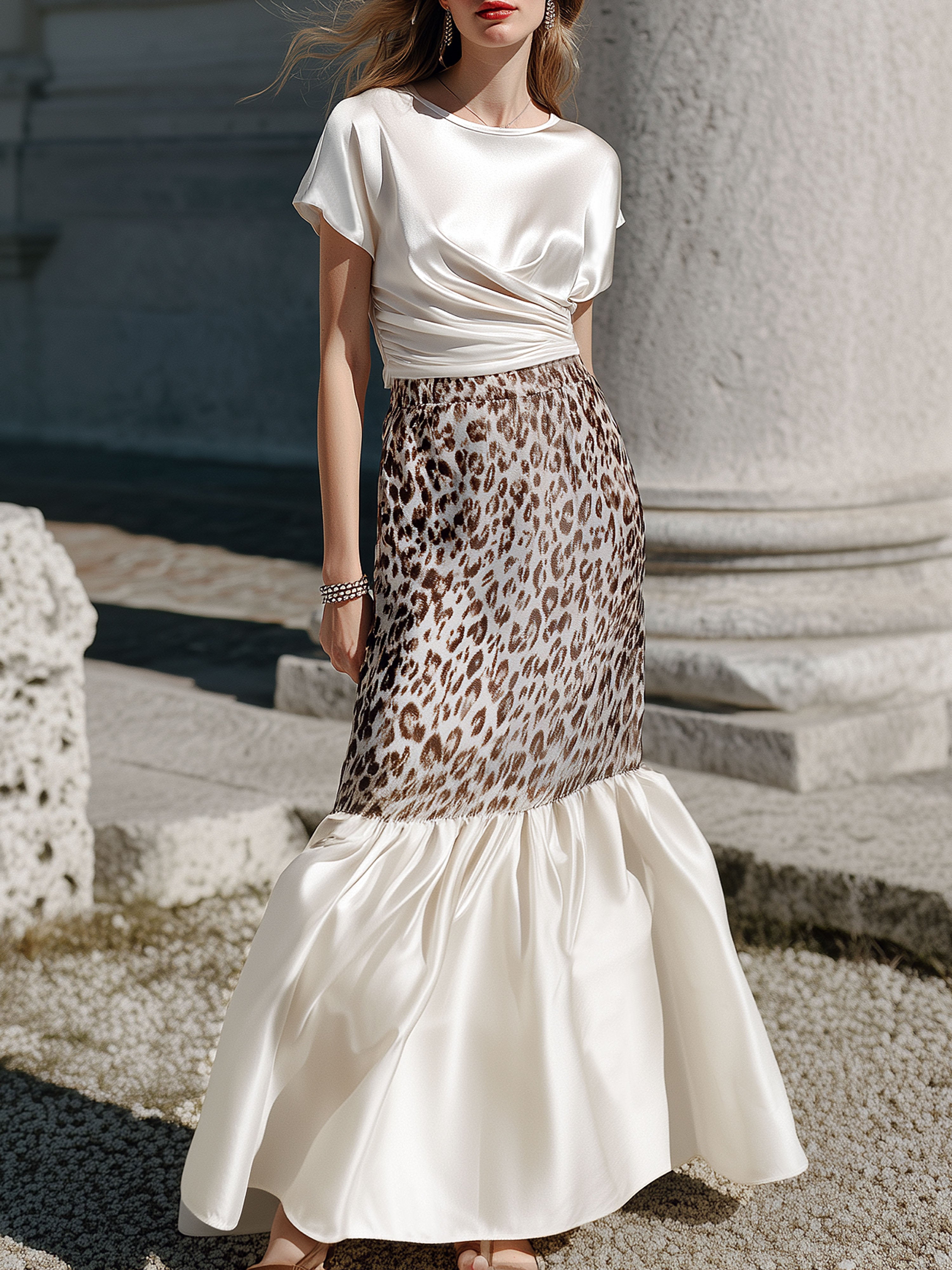 French-Style White Satin Pleated Top And Leopard Print Patchwork Skirt Set