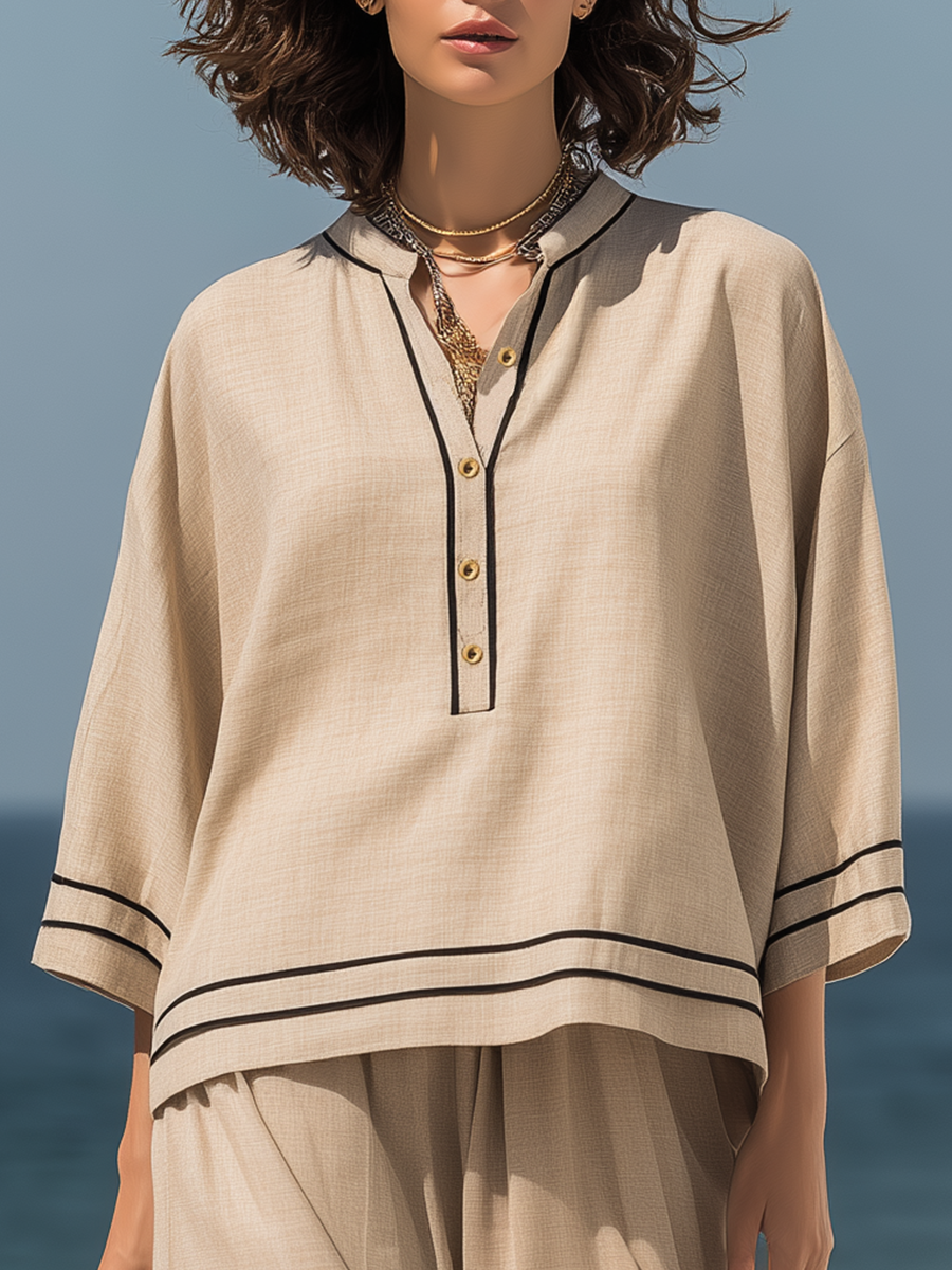 Vacation-style Beige V-neck Cotton And Linen Long-sleeved Top And Trousers Set