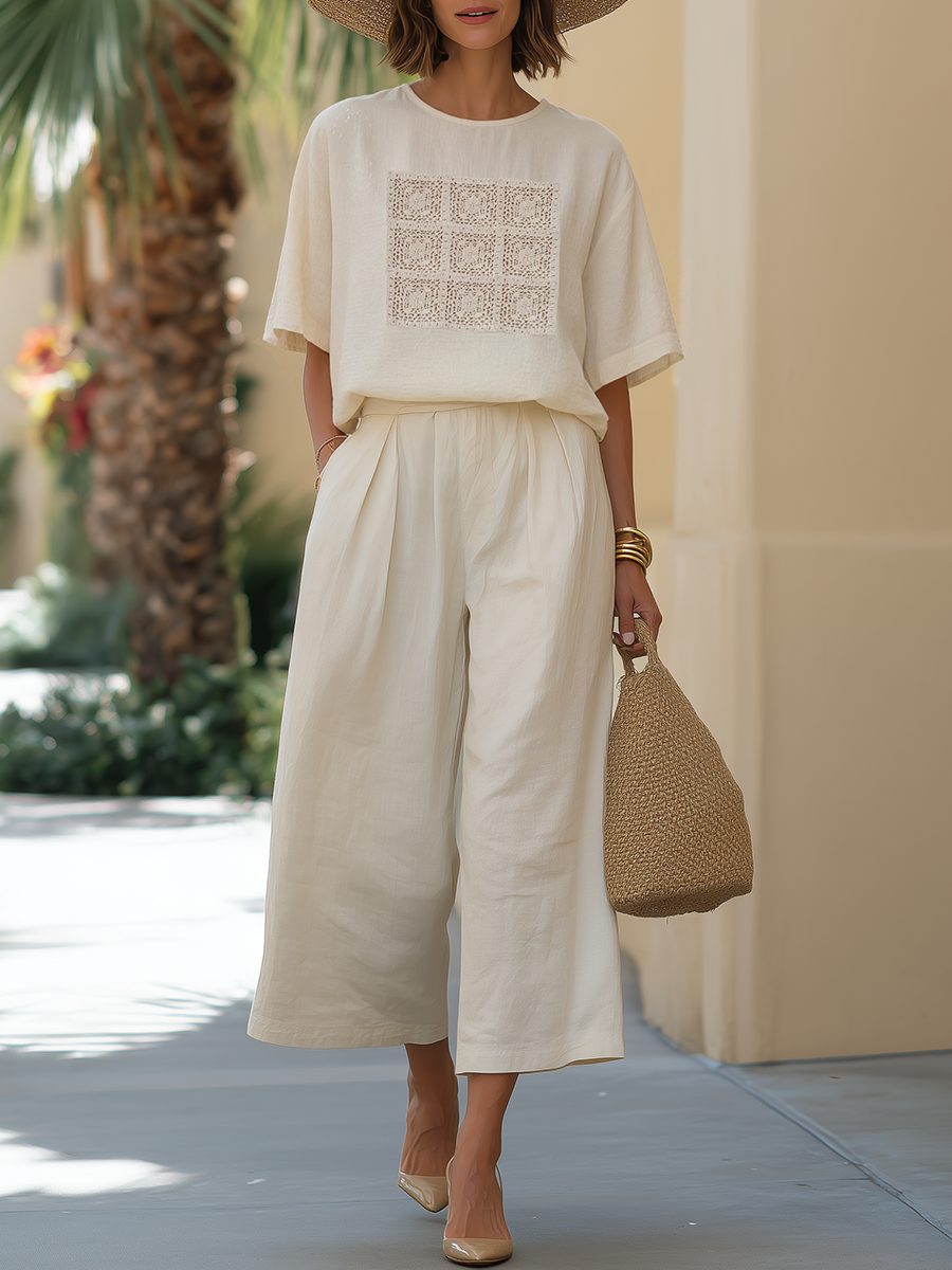 Simple Vacation-style Crochet Patchwork Short-sleeved Top And Wide-leg Capri Pants Set