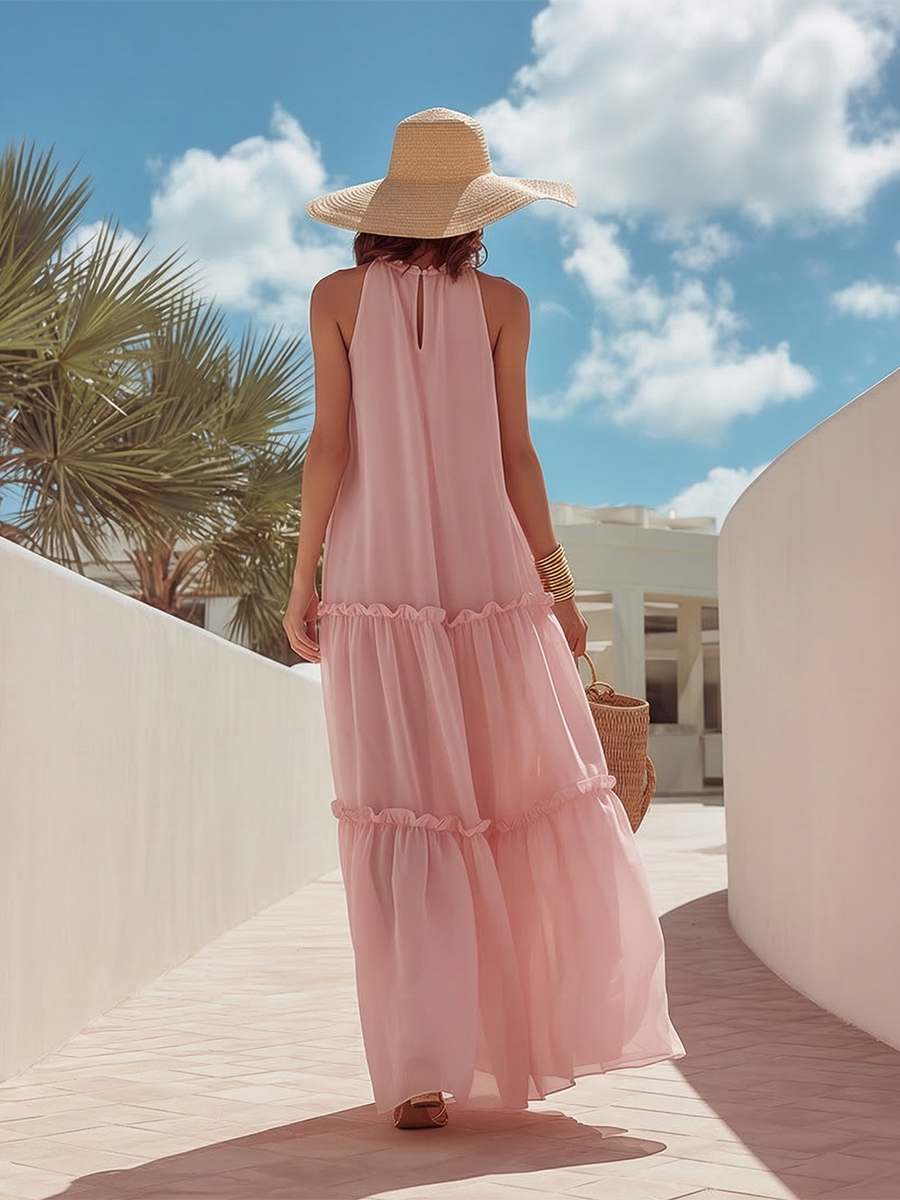 Romantic Vacation Pink Chiffon Ruffled Trim Sleeveless Maxi Dress