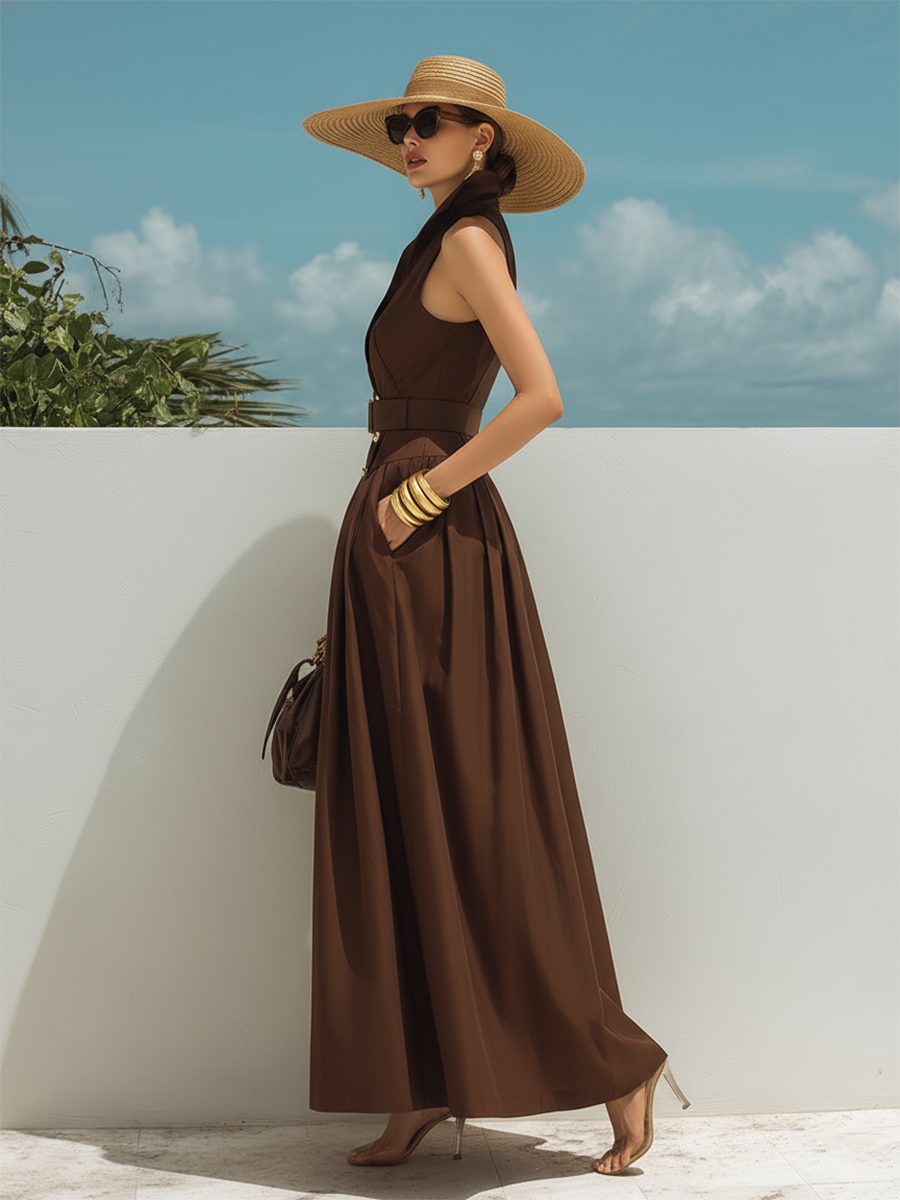 Stylish And Elegant Sleeveless Brown Lapel Maxi Dress