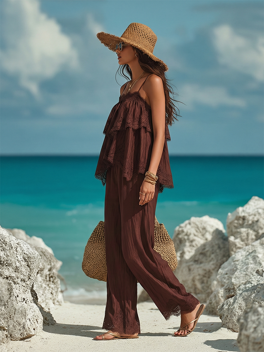 Elegant Vacation-style Lace-trimmed Tencel Spaghetti Strap Top And Wide-leg Pants Set