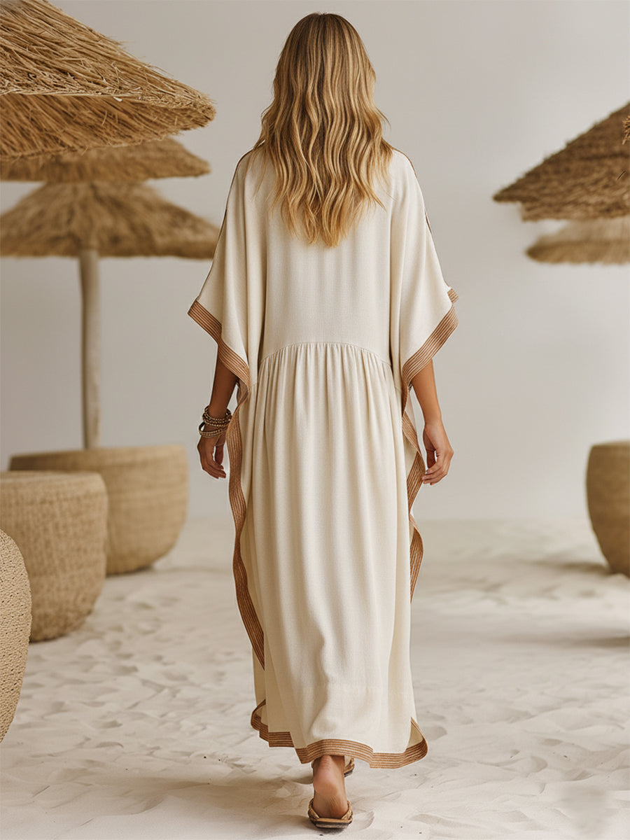 Casual Bohemian Striped Beige Cotton Linen Button-Down Loose Maxi Dress