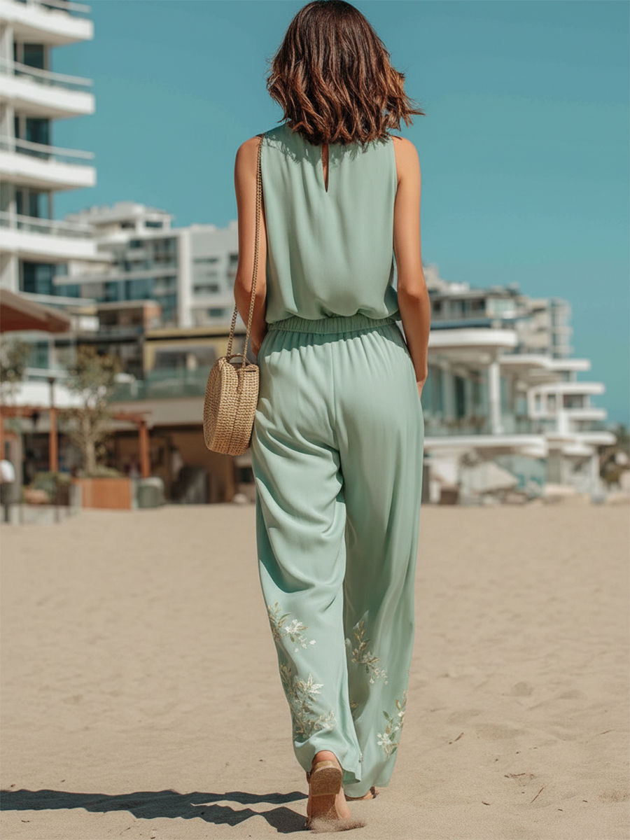 Vacation-style Cotton Sleeveless Turtleneck Embroidered Top And Pants Set