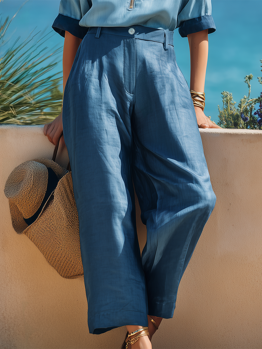 Vacation-Style Blue Short-Sleeve Zip-Up Top And Pants Set