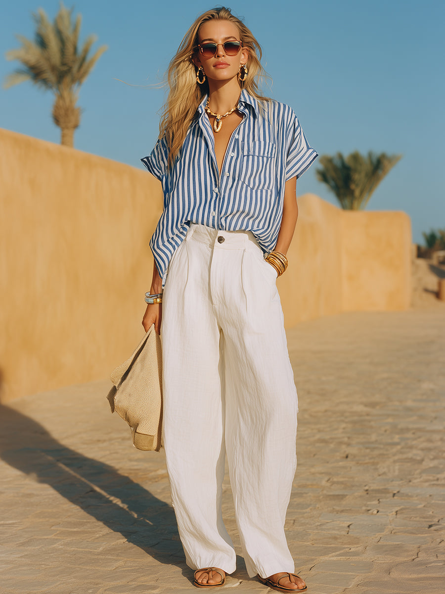 Coastal Style Blue And White Striped Shirt And White Loose-fitting Trousers Set