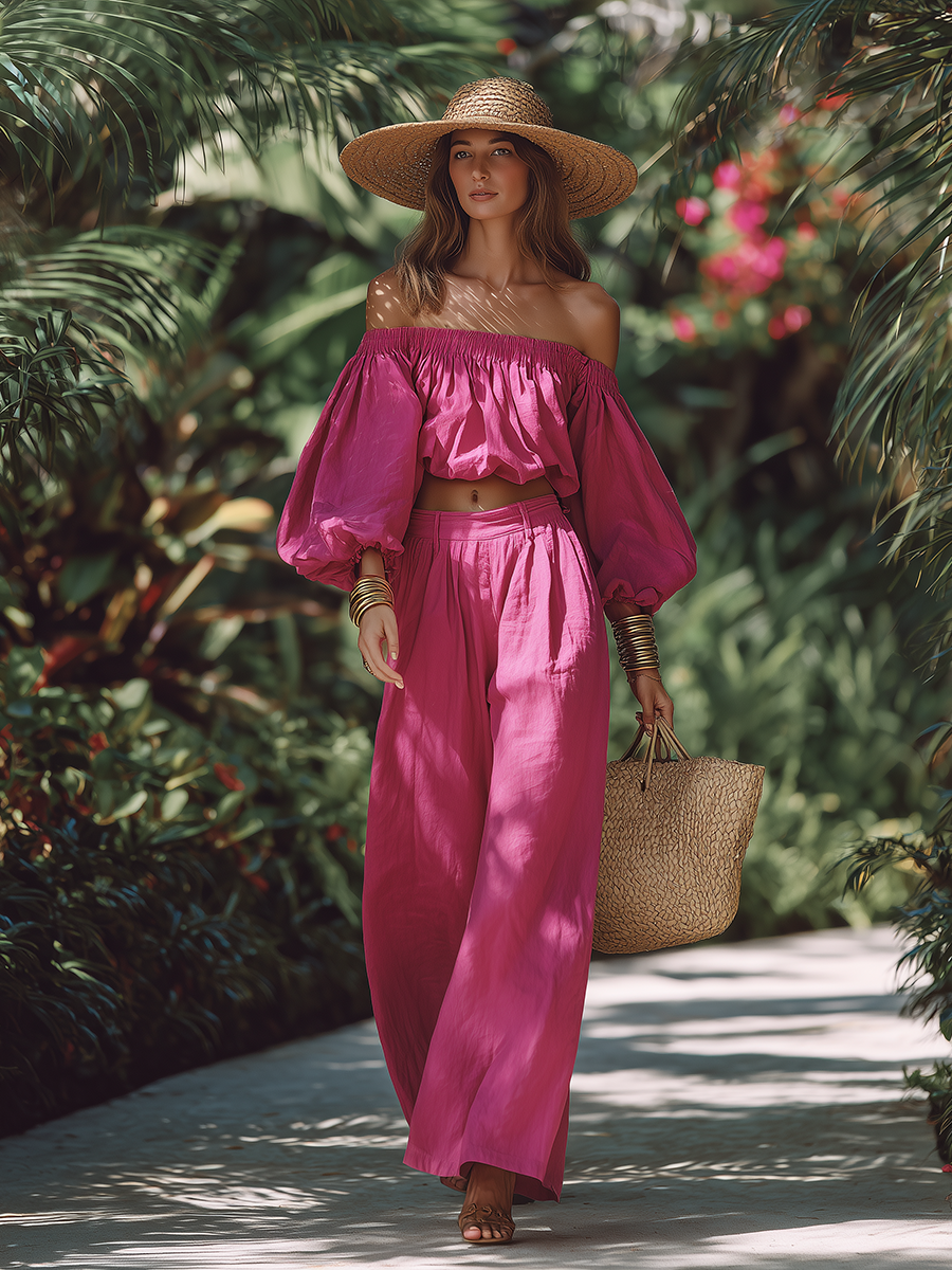 Romantic Vacation Style Cotton Off-the-shoulder Top And Wide-leg Pants Set