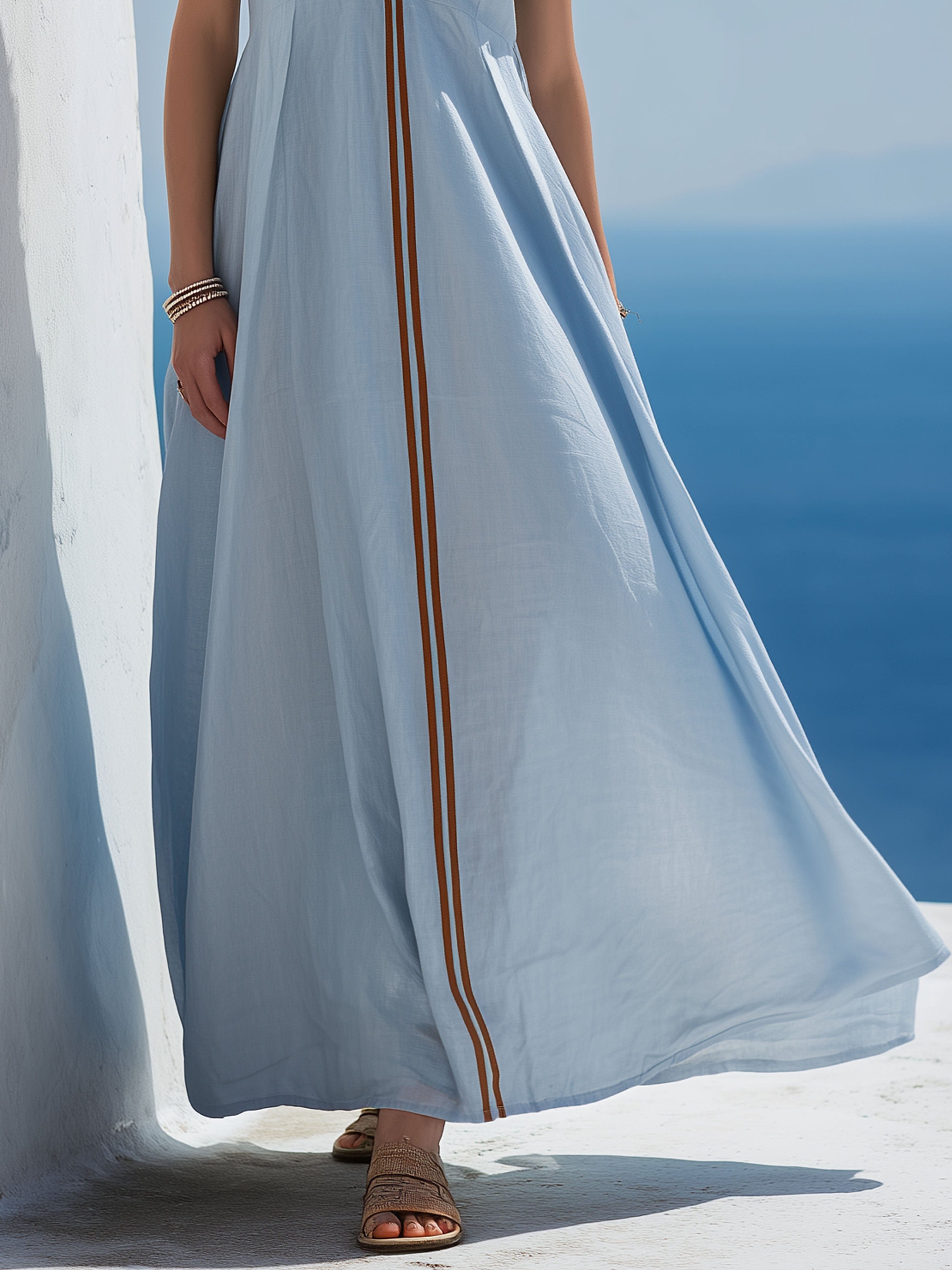 Elegant Blue Cotton-Linen Patchwork Brown Sleeveless Maxi Dress