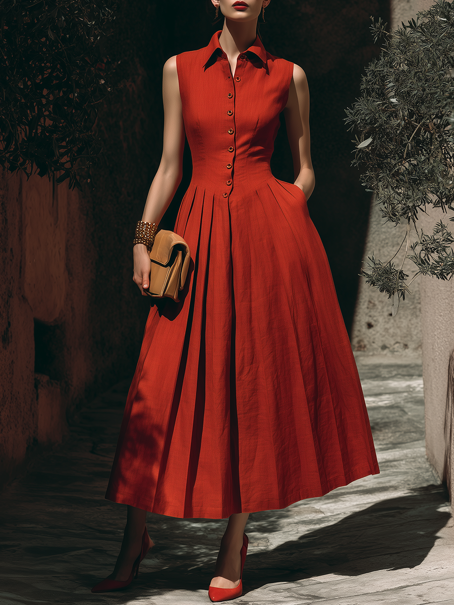 Casual Sleeveless Gathered Hem Red Maxi Dress