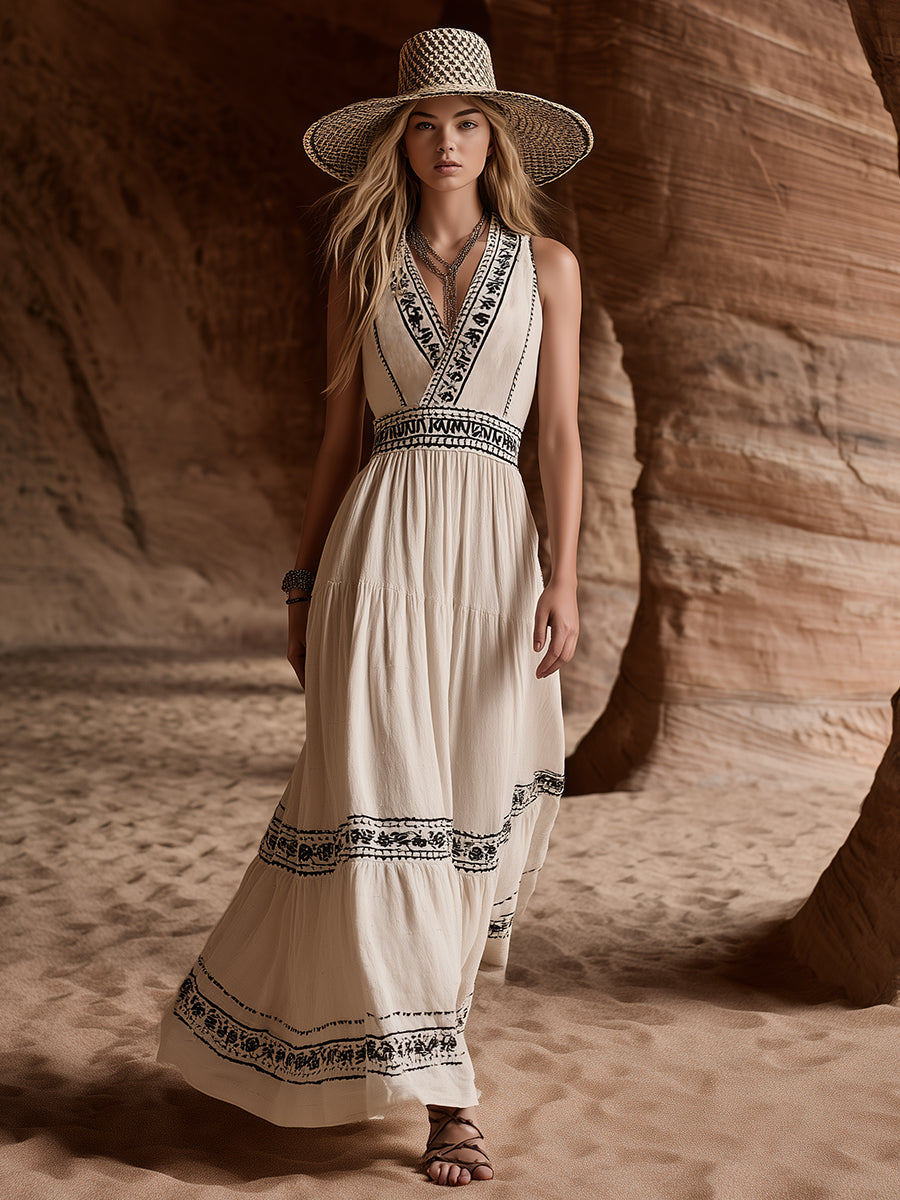 Casual Bohemian Black Embroidered Off-White V-Neck Sleeveless Maxi Dress