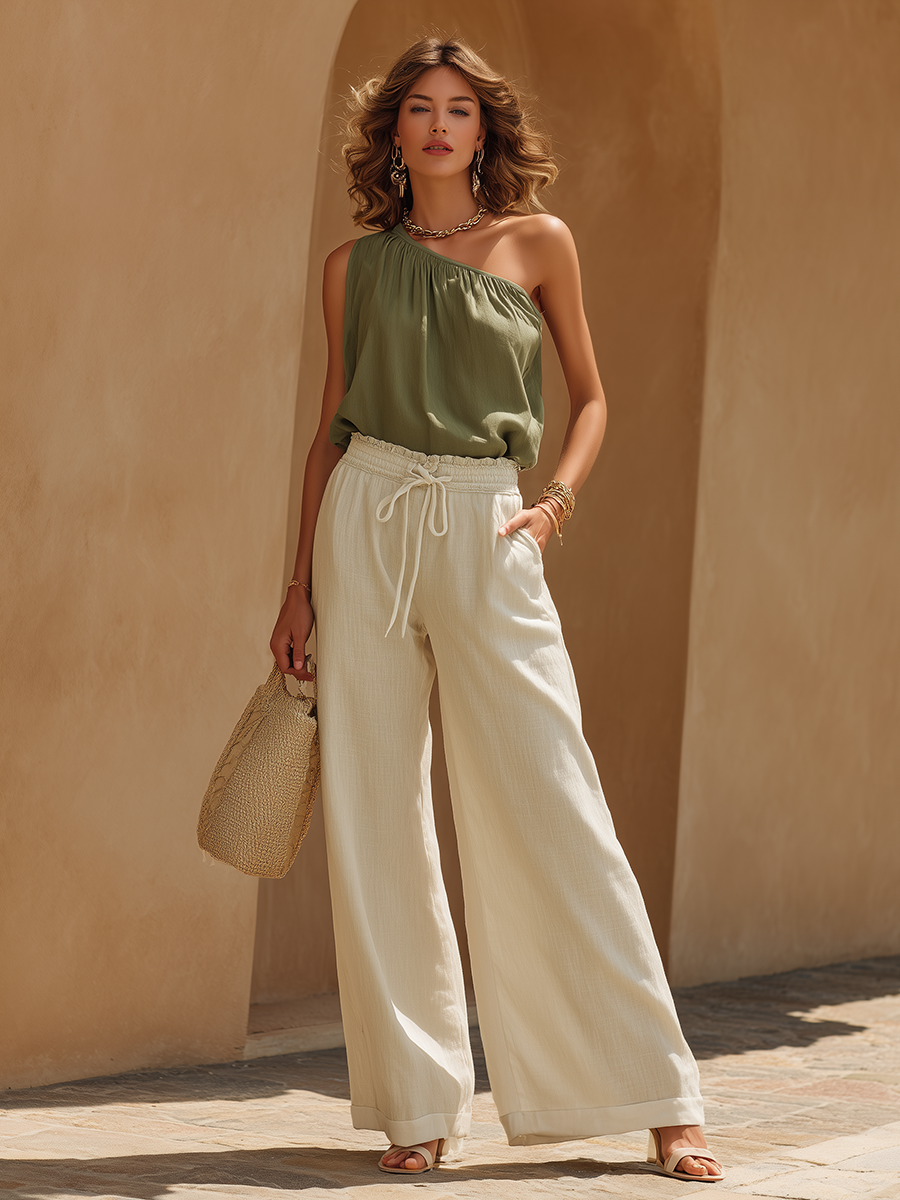 Stylish Vacation-Style One-Shoulder Top And Loose Wide-Leg Pants Set
