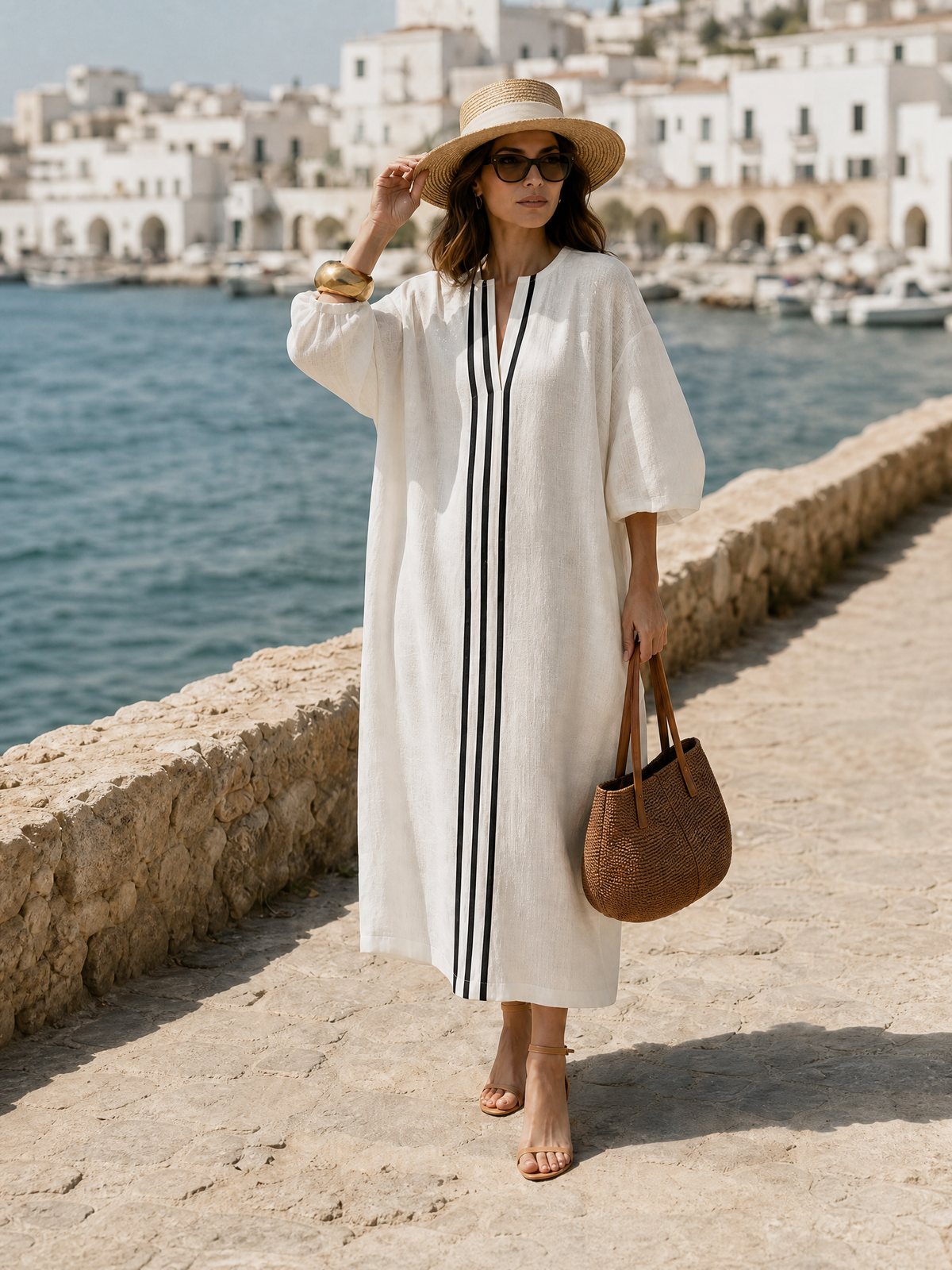 Old Money Black Webbing-Trim Cotton-Linen Maxi Vacation Dress