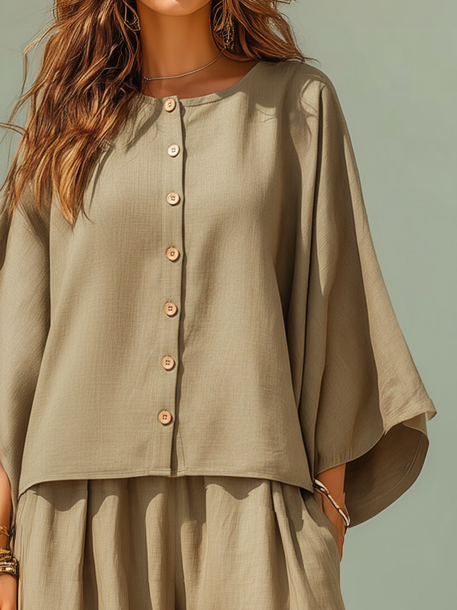 Resort-style Brown Long-sleeved Button-down Top And Trousers Set