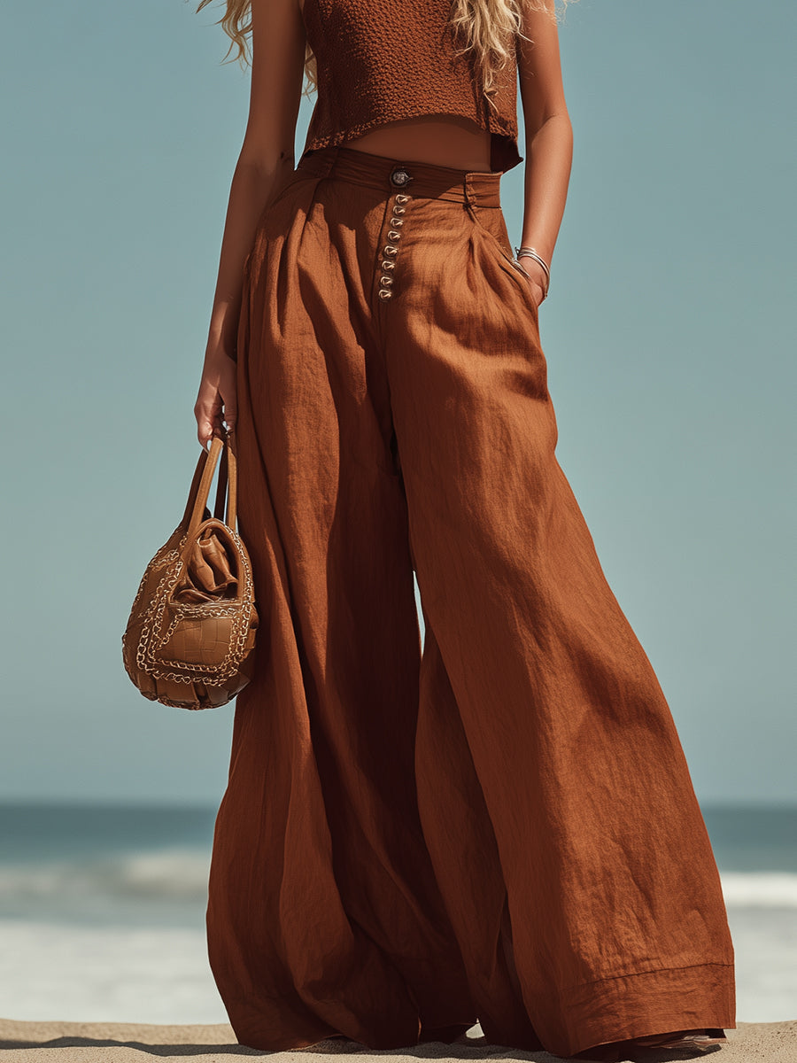 Casual Bohemian Style Terracotta Brown Sleeveless Top And Button-down Wide-leg Pants Suit