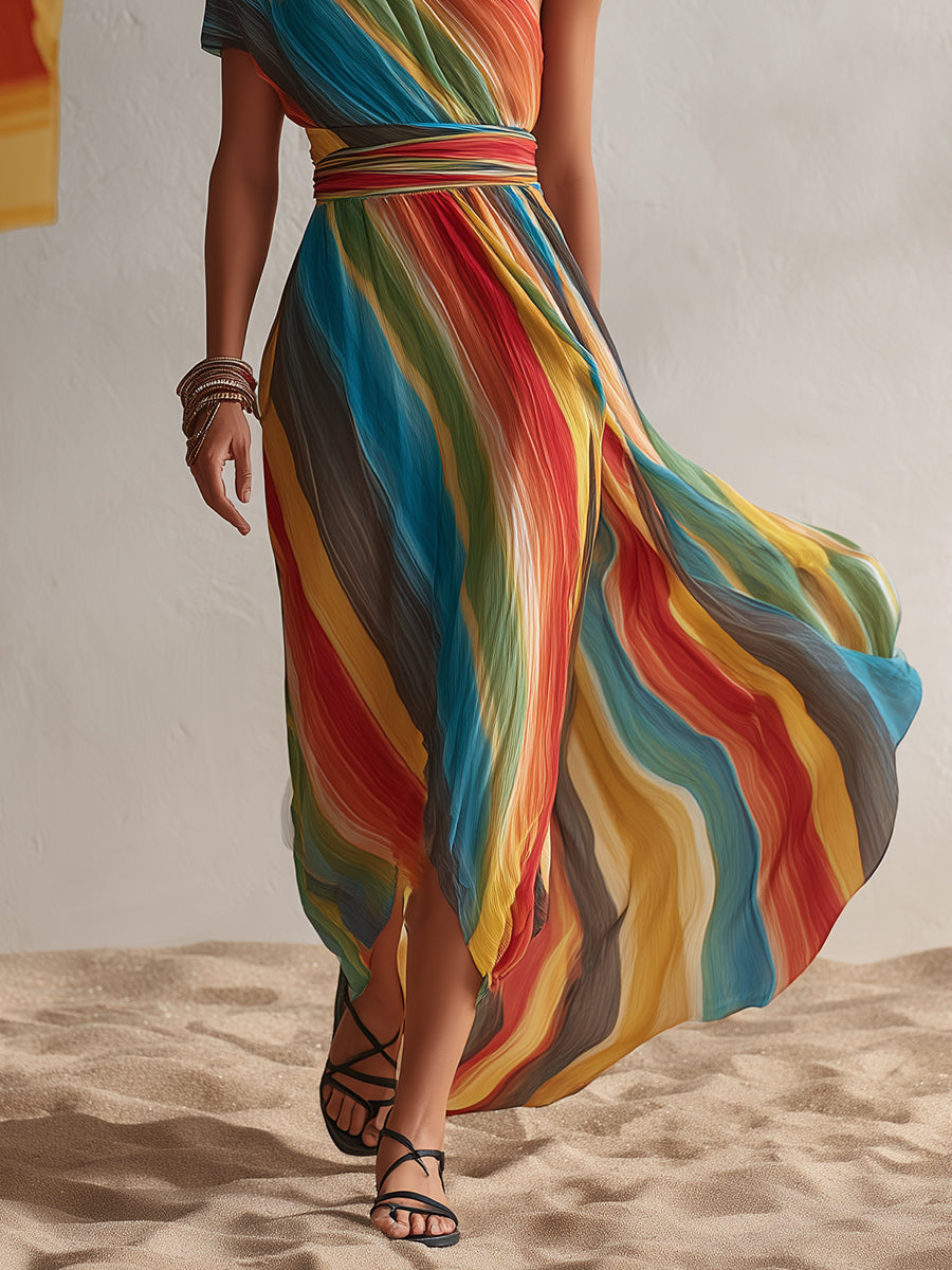 Bohemian Resort Rainbow Striped Chiffon One-Shoulder Maxi Dress