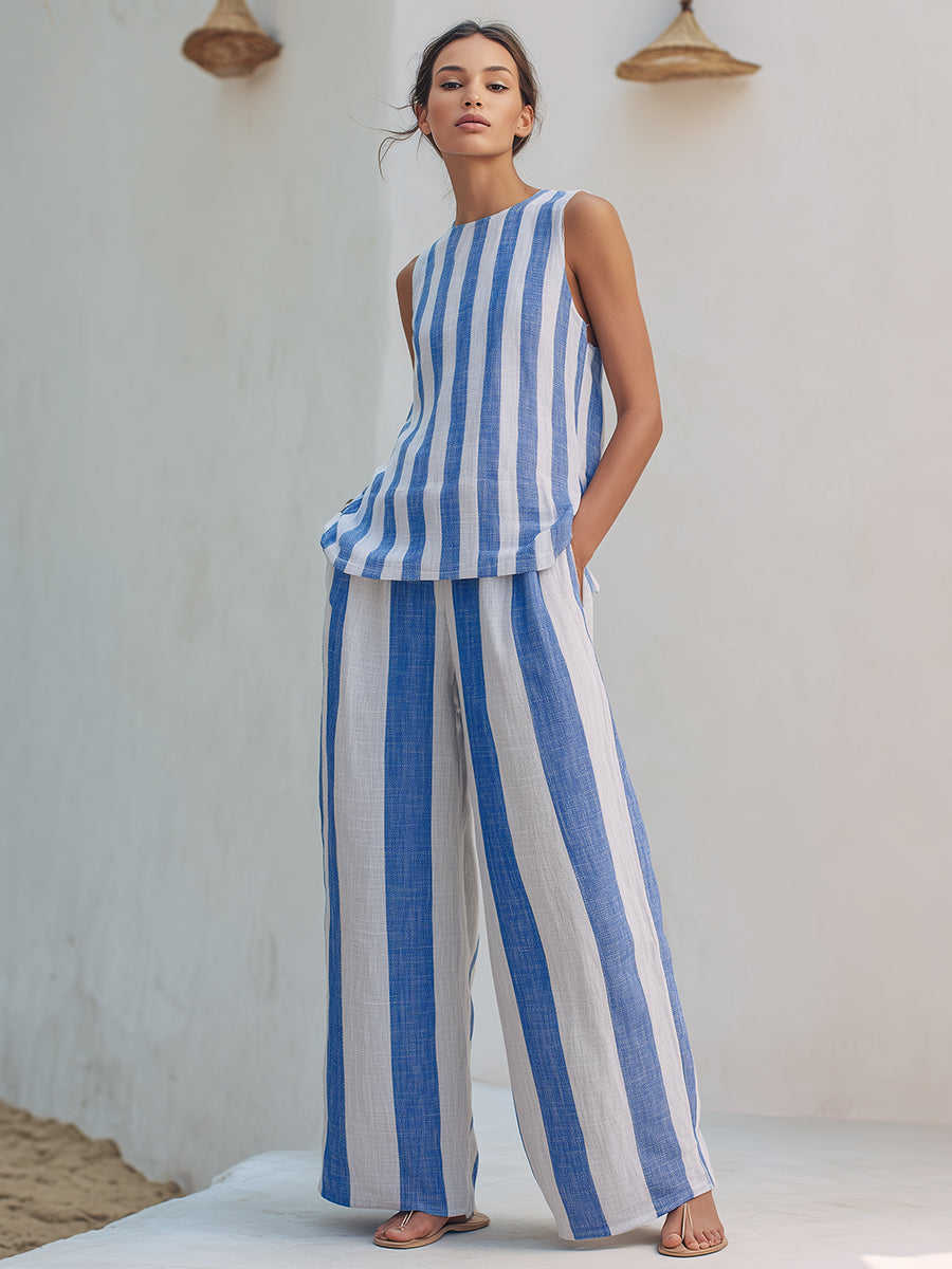 Mediterranean Blue And White Striped Sleeveless Top And Wide-leg Pants Set