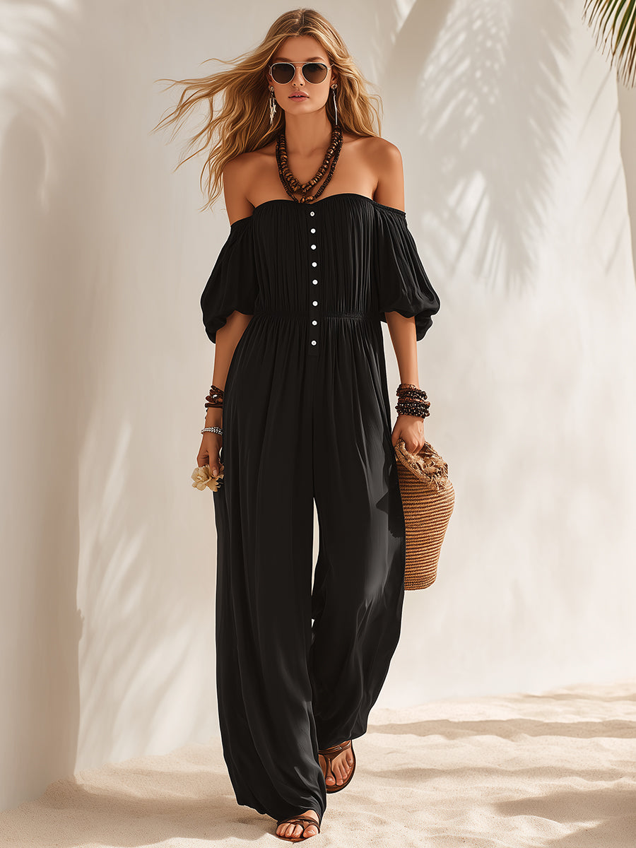 Bohemian Black Off-Shoulder Puff Sleeve Loose Jumpsuit