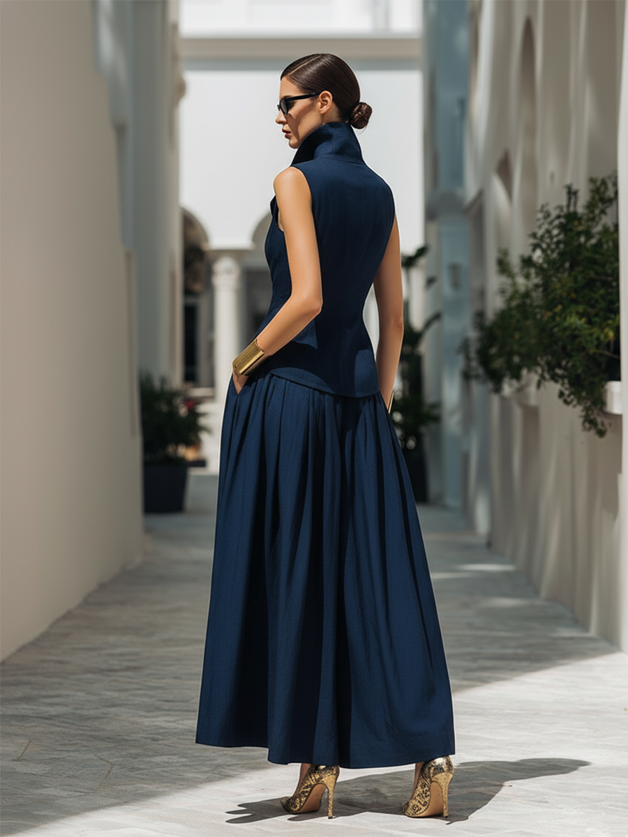 Stylish Vacation Navy Blue Vest And Wide-leg Pants Set