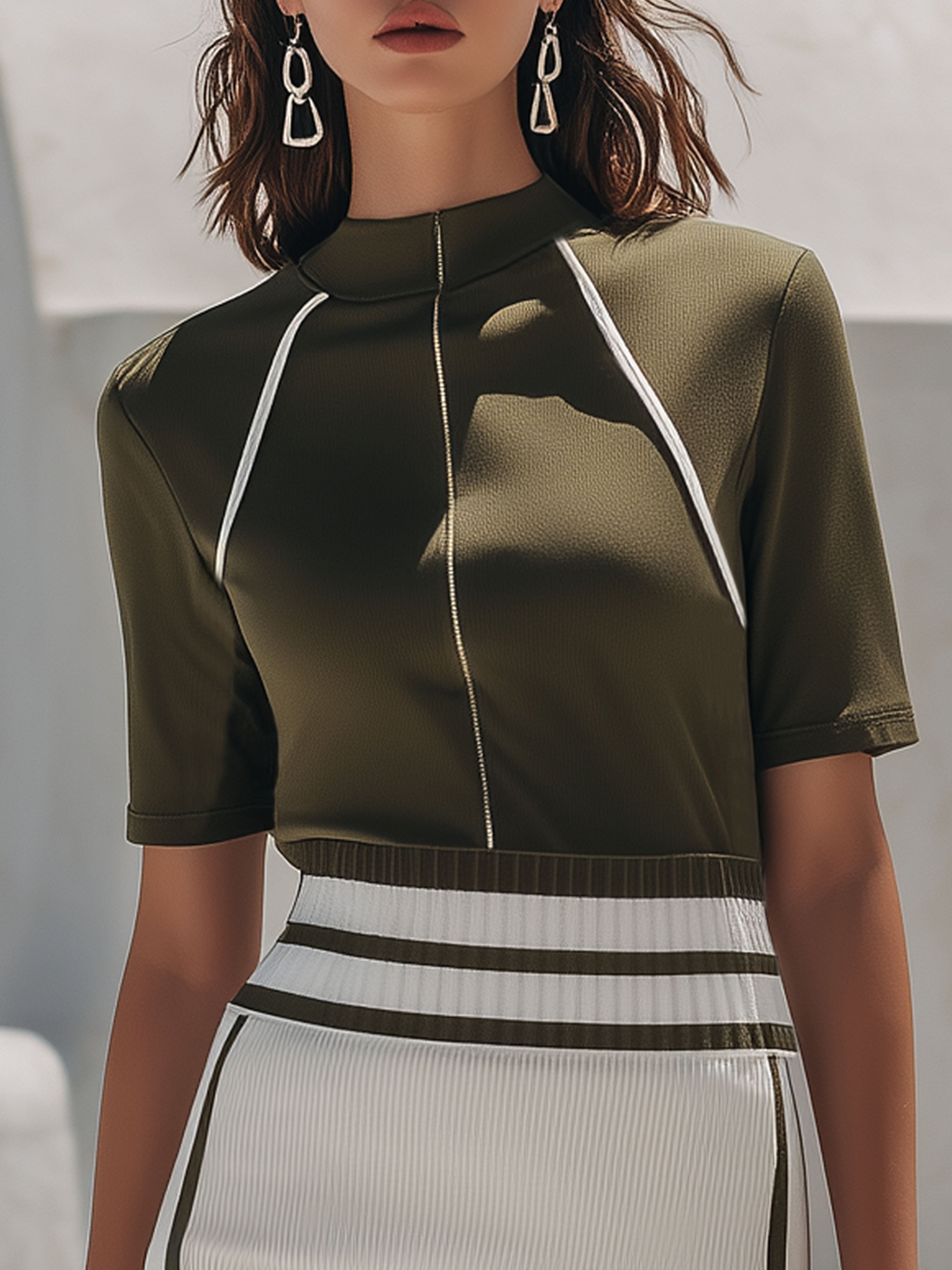 Elegant And Casual Pure Cotton Green Zip-Up Top And White Knitted Skirt Set