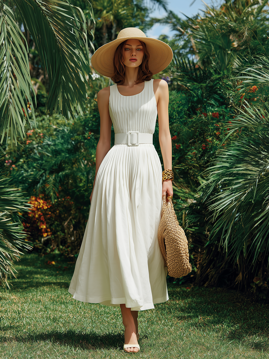 Elegant Vacation White Cotton Sleeveless Pleated Maxi Dress
