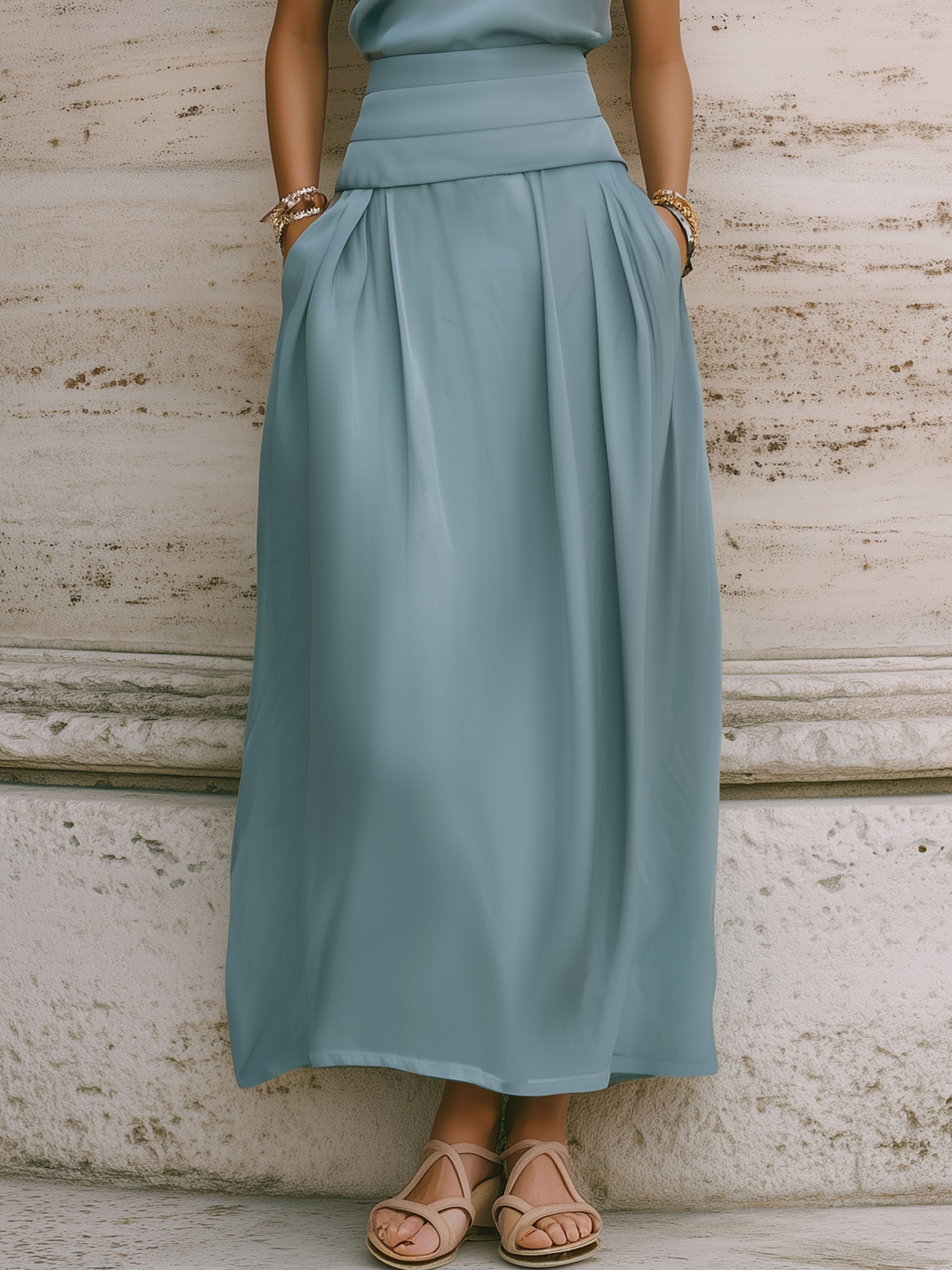 Resort-Style High-Neck Blue-Green Sleeveless Top And Long Skirt Set