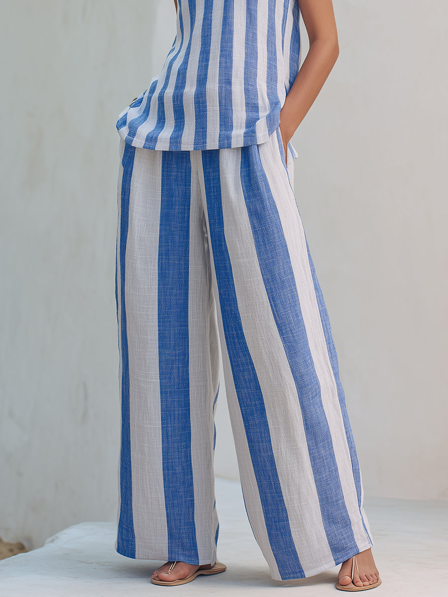 Mediterranean Blue And White Striped Sleeveless Top And Wide-leg Pants Set
