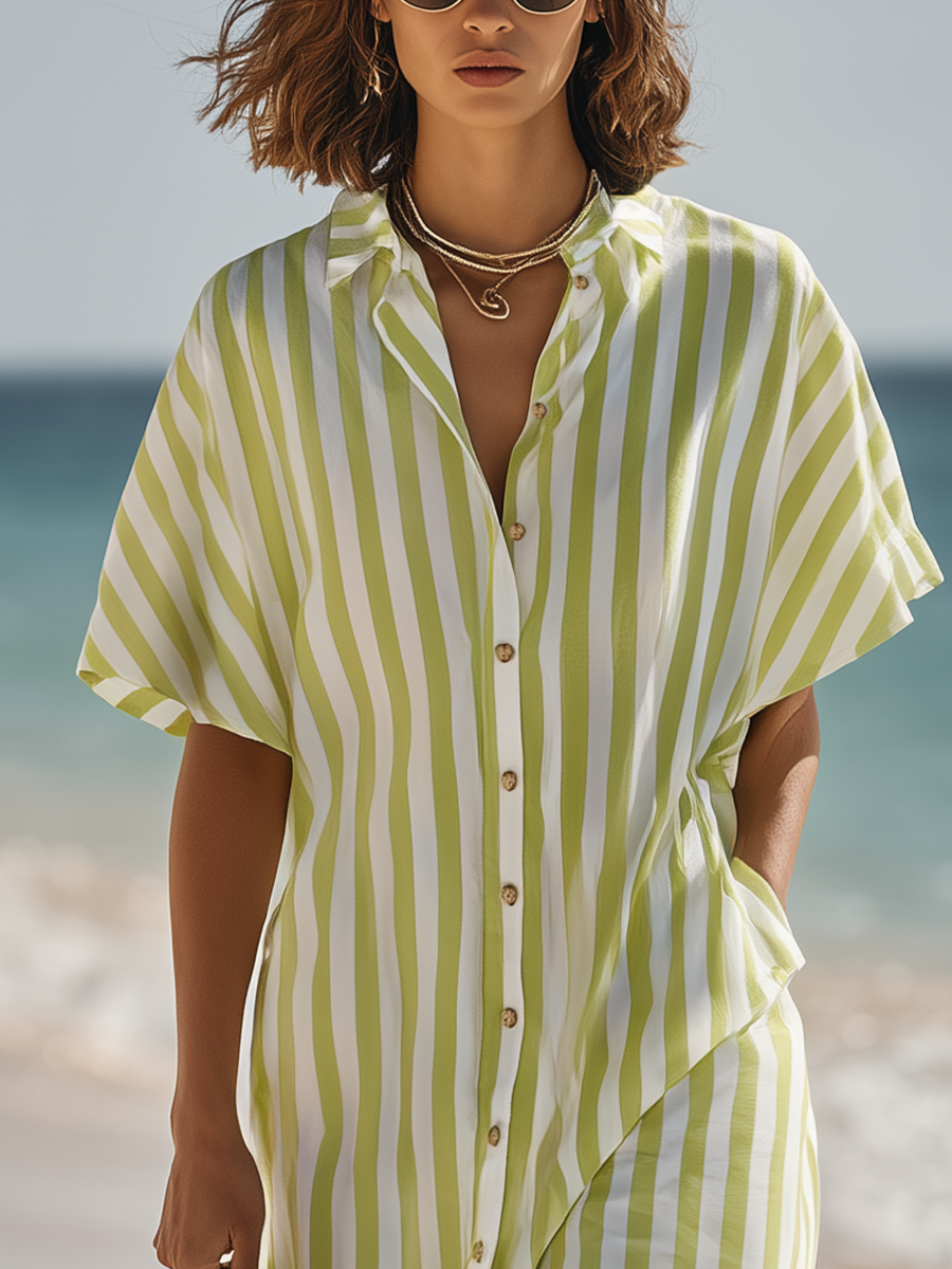 Resort-style Green Striped Loose Maxi Dress
