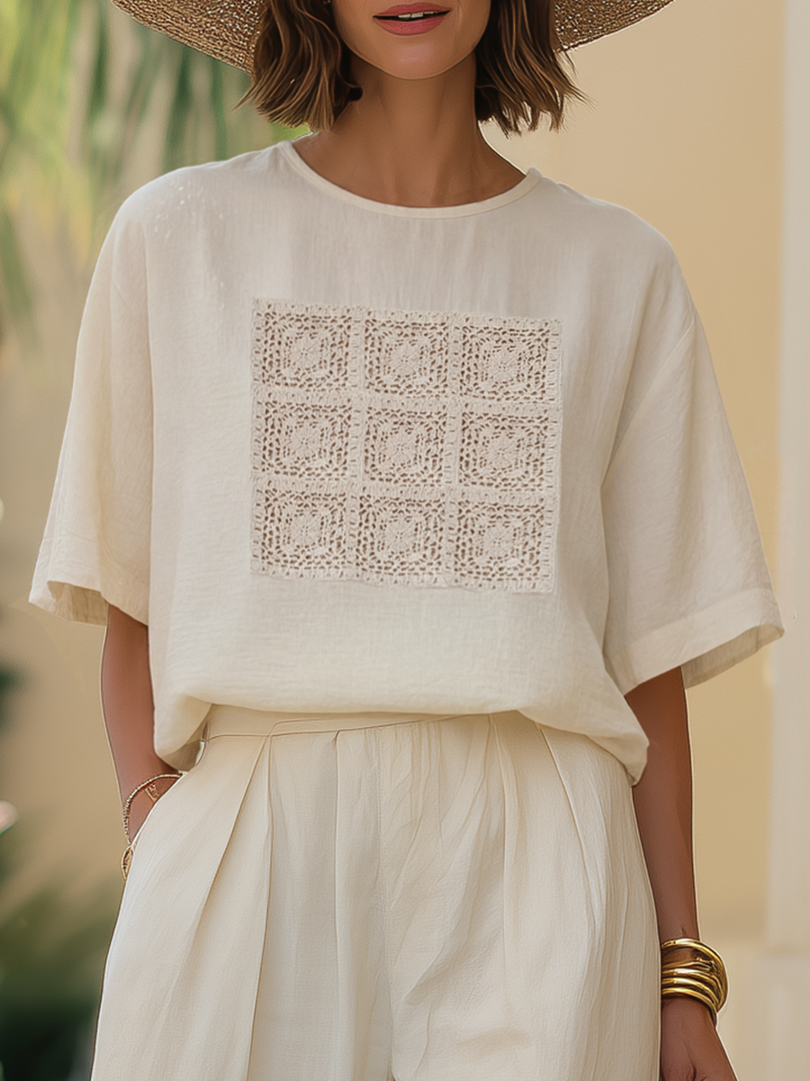 Simple Vacation-style Crochet Patchwork Short-sleeved Top And Wide-leg Capri Pants Set