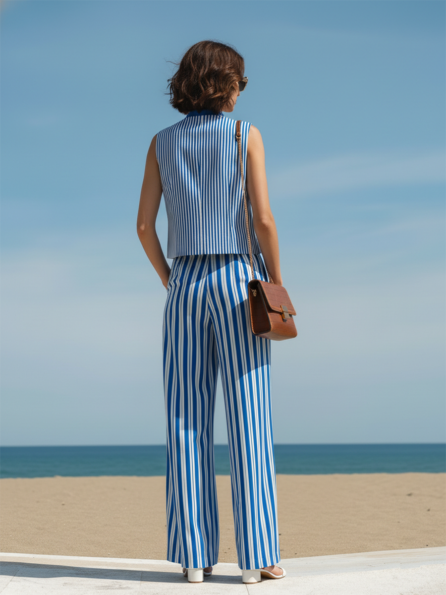 Resort-style Blue Striped Sleeveless Top And Trousers Set