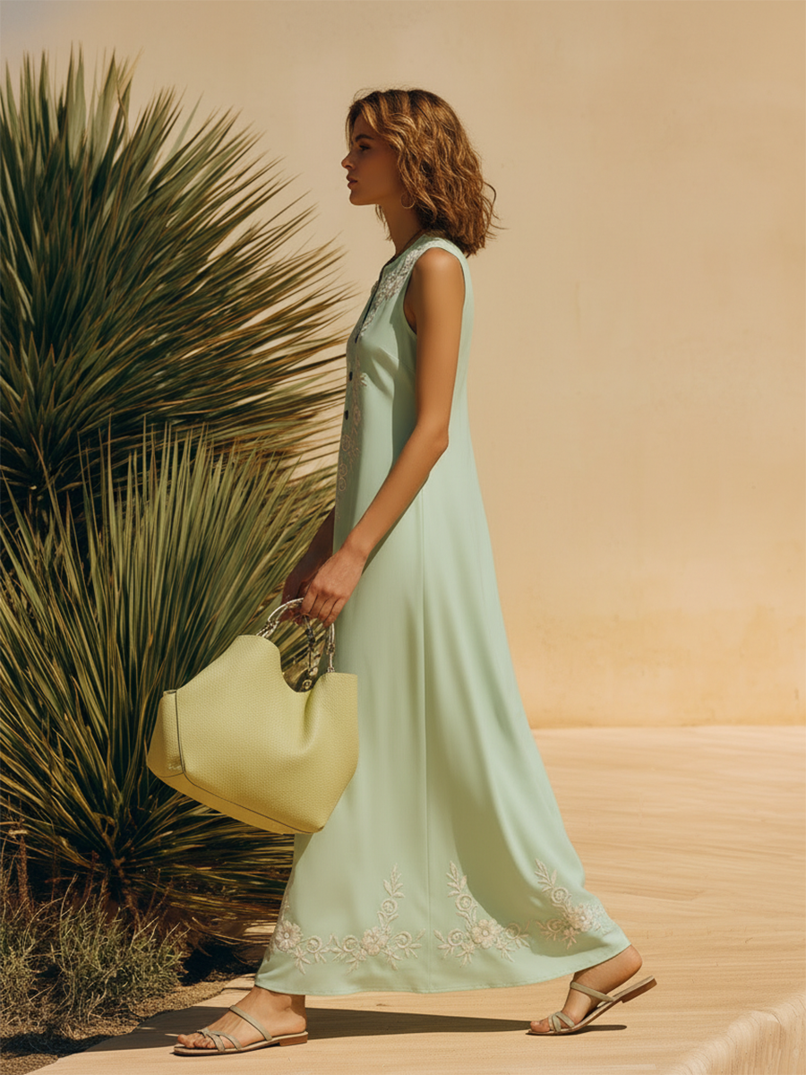 Vacation-style Cotton V-neck Sleeveless Embroidered Maxi Dress