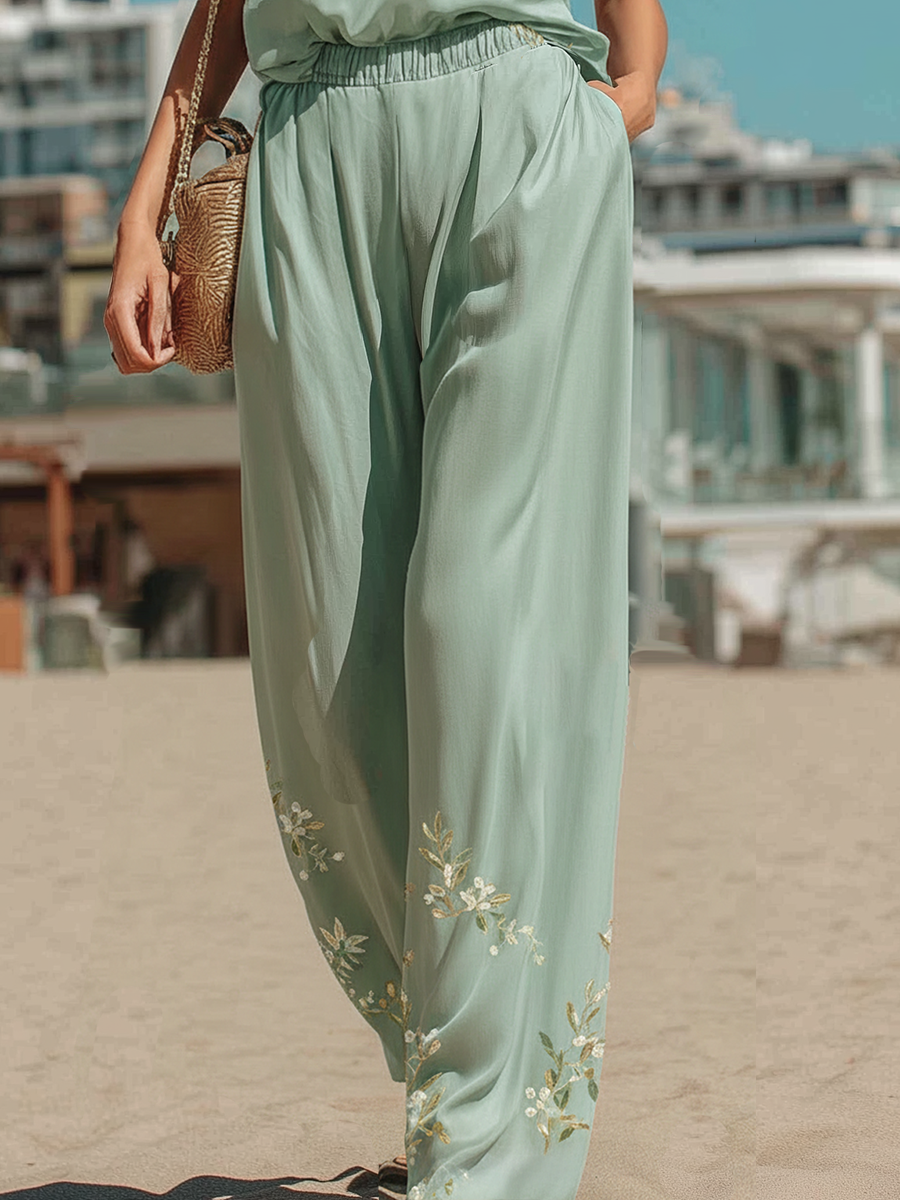 Vacation-style Cotton Sleeveless Turtleneck Embroidered Top And Pants Set