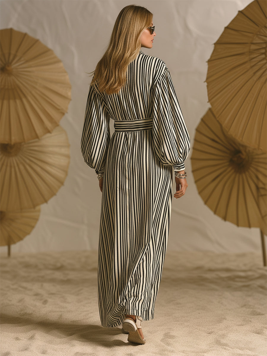 Mediterranean-style Black And White Striped Zip-up Maxi Dress