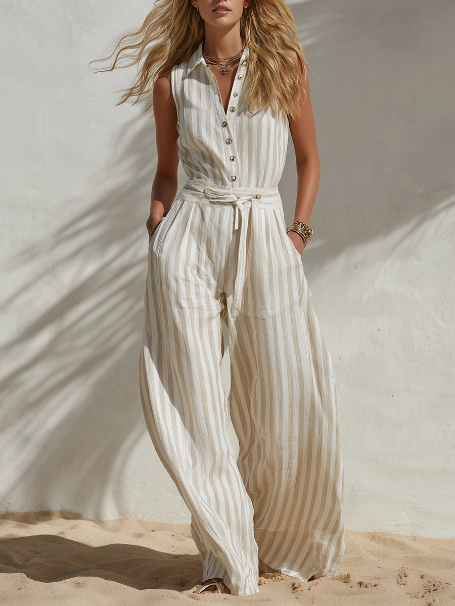 Minimalist Casual Beige Striped Chiffon Collared Sleeveless Shirt And Wide-leg Pants Set