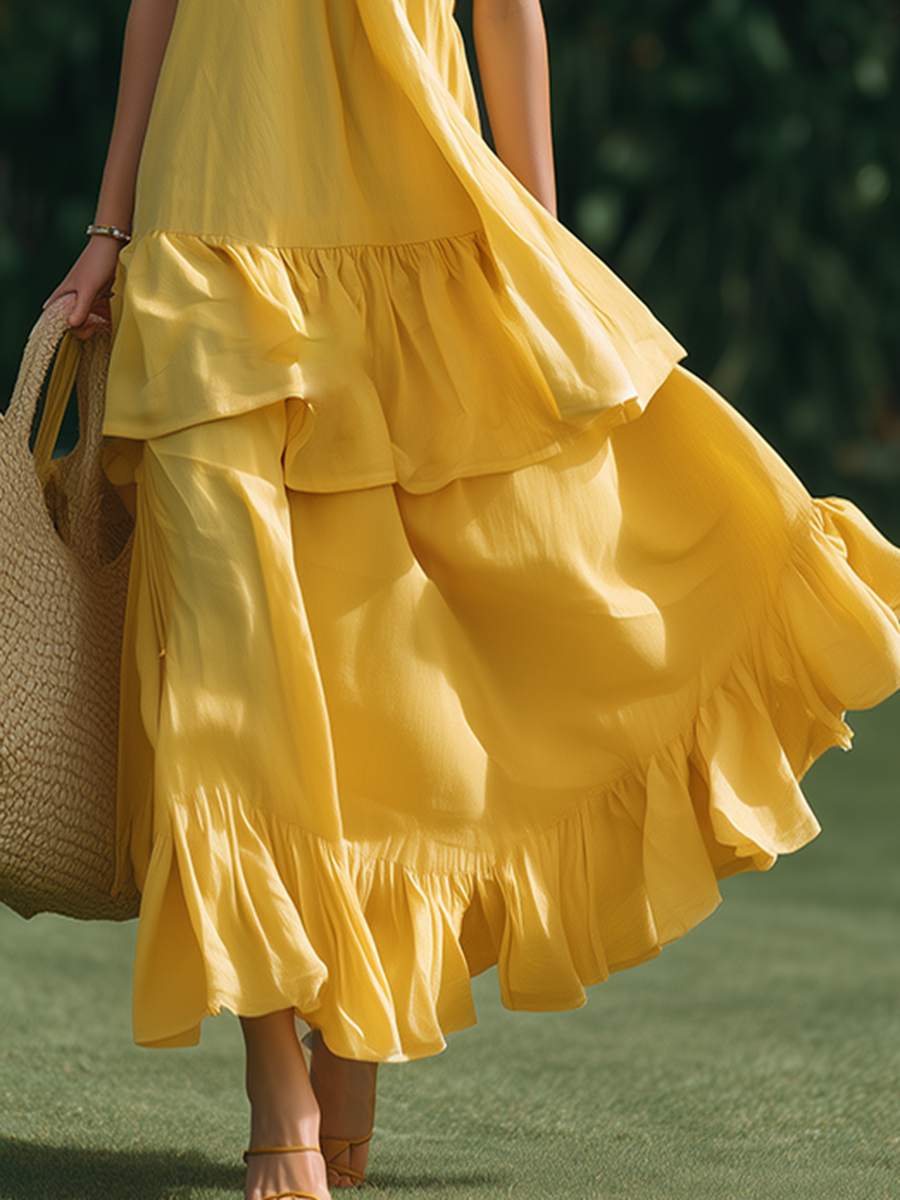 Elegant Pastoral-Style Crossover Neckline And Ruffles Cotton-Linen Maxi Dress