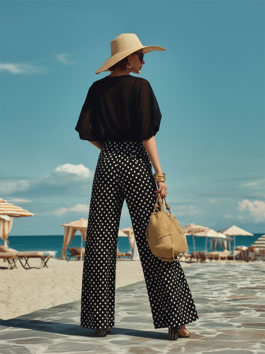 Resort-style Black V-neck Short-sleeved Top And Polka Dot Wide-leg Pants Set