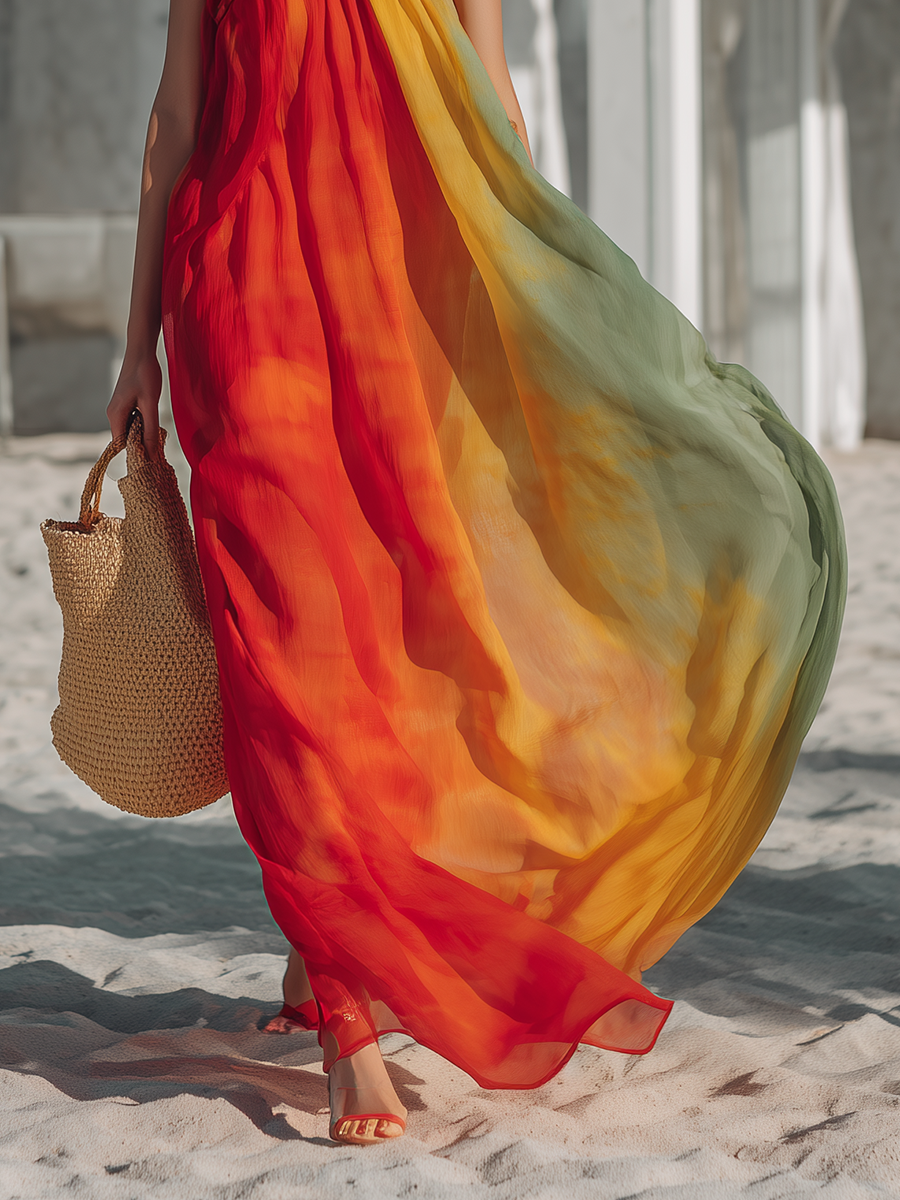 Romantic Bohemian One-Shoulder Ombré-Print Chiffon Maxi Dress