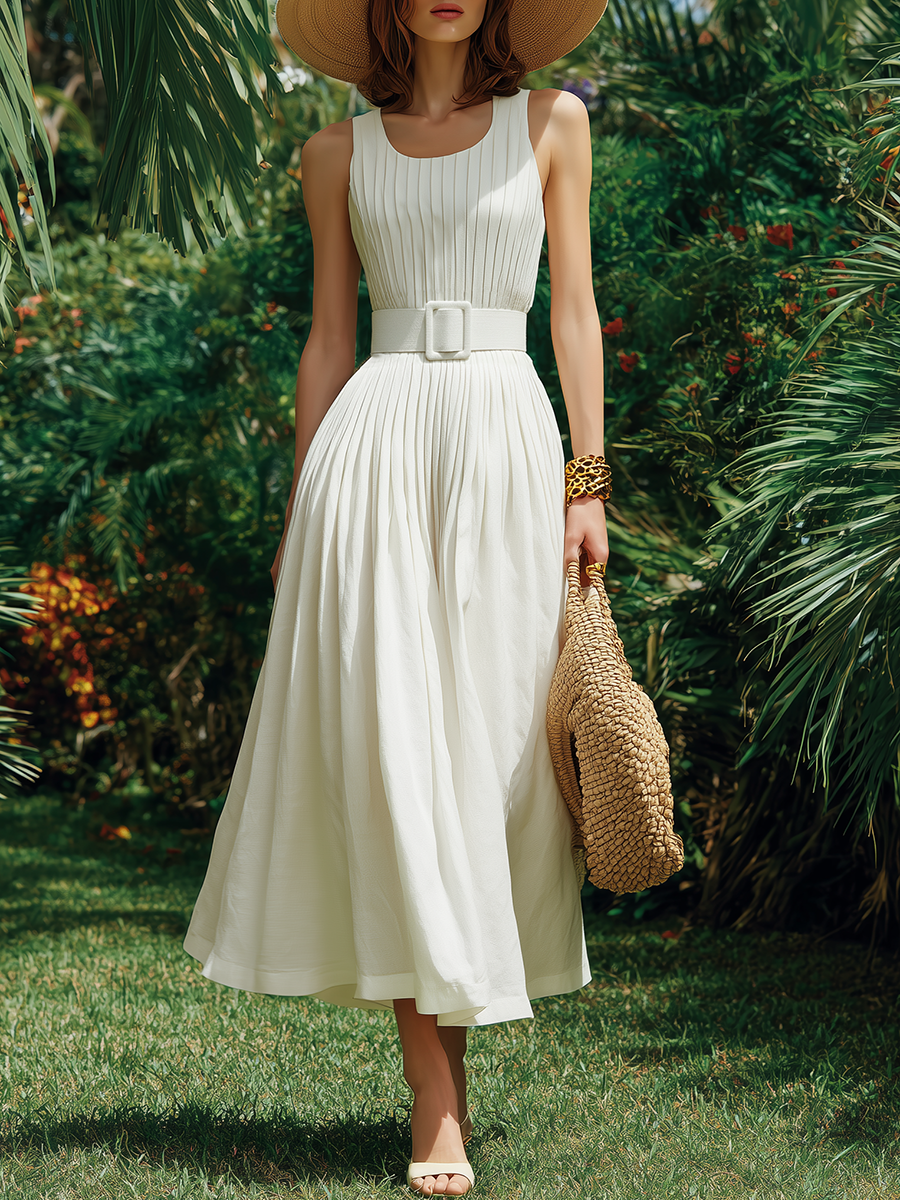 Elegant Vacation White Cotton Sleeveless Pleated Maxi Dress