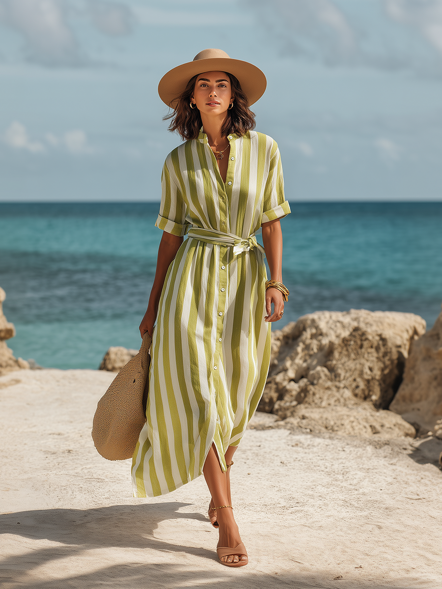 Simple Vacation-style Cotton And Linen Striped Short-sleeved Shirt Midi Dress