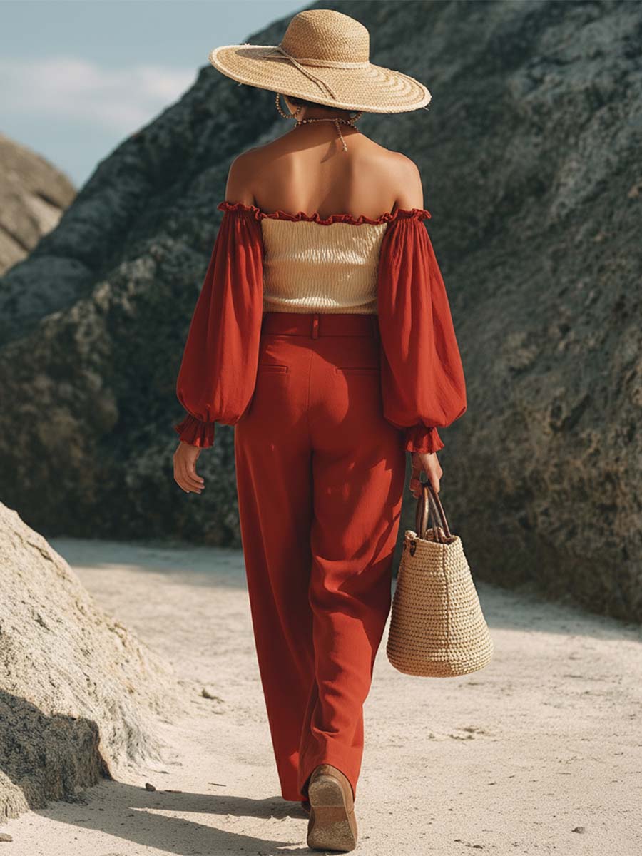 Bohemian Resort Style Rust Red And Beige Color-Blocked Cotton Linen Off-Shoulder Puff Sleeve Top And Wide-Leg Pants Set