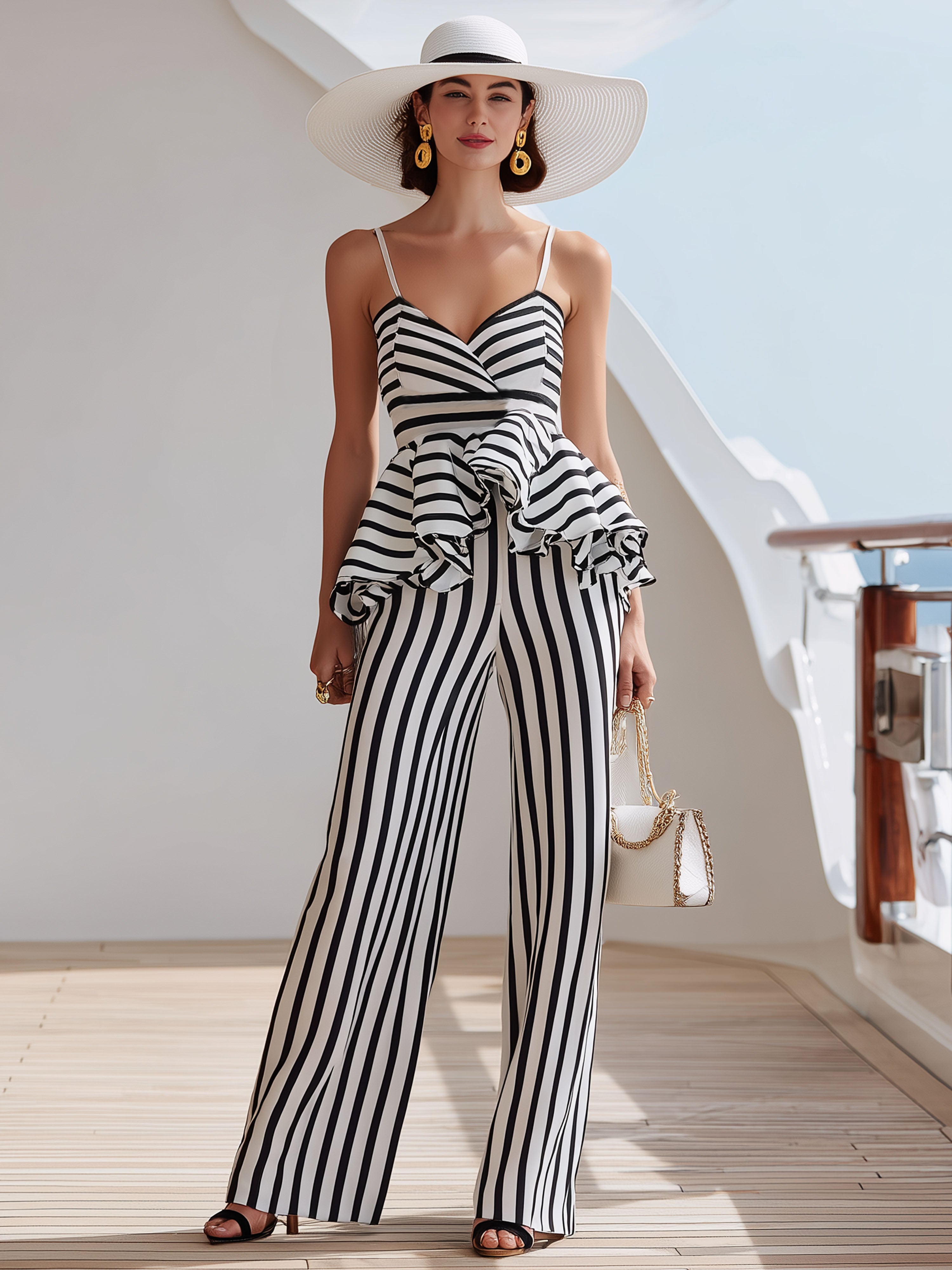 Elegant Vacation Black And White Striped Satin Ruffle Top And Trousers Set