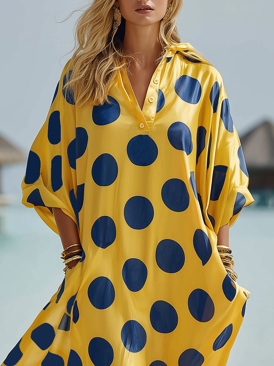 Bohemian Yellow Base With Navy Polka Dots Loose Batwing Sleeve Maxi Dress
