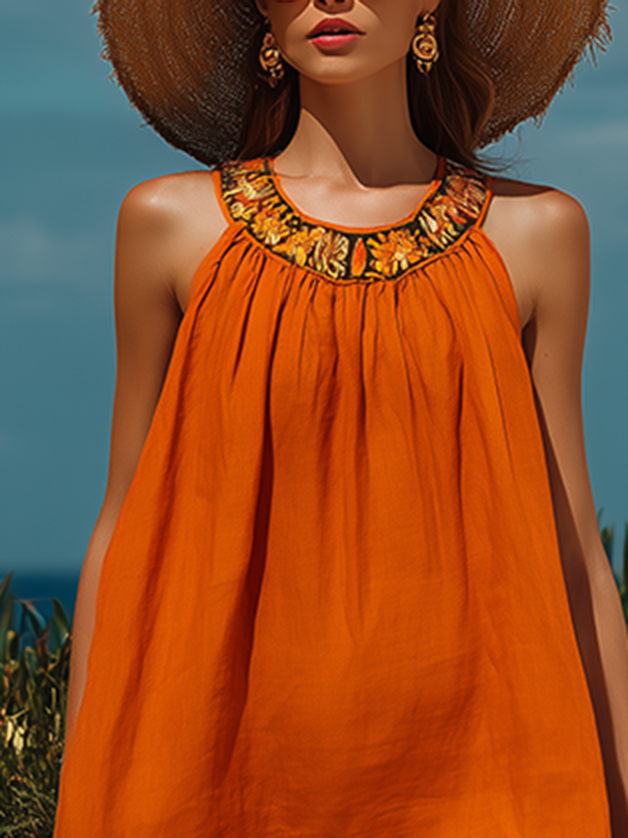 Loose-Fit Bohemian-Style Embroidered Neckline Sleeveless Orange Cotton-Linen Midi Dress