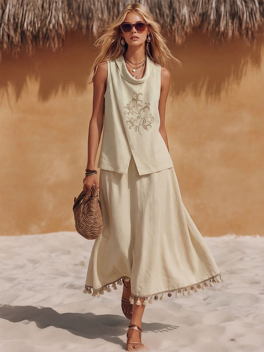 Bohemian Coast Sleeveless Beige Cotton Linen Draped Neck Embroidered Top And Tassel-Trimmed Cotton Linen Skirt Set