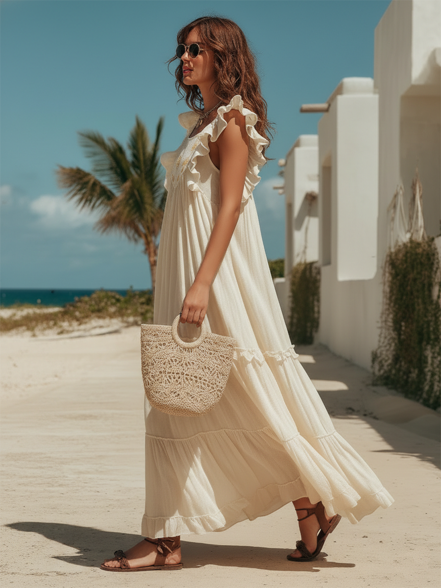 Vacation-style Cotton And Linen Embroidered Sleeveless Loose Maxi Dress
