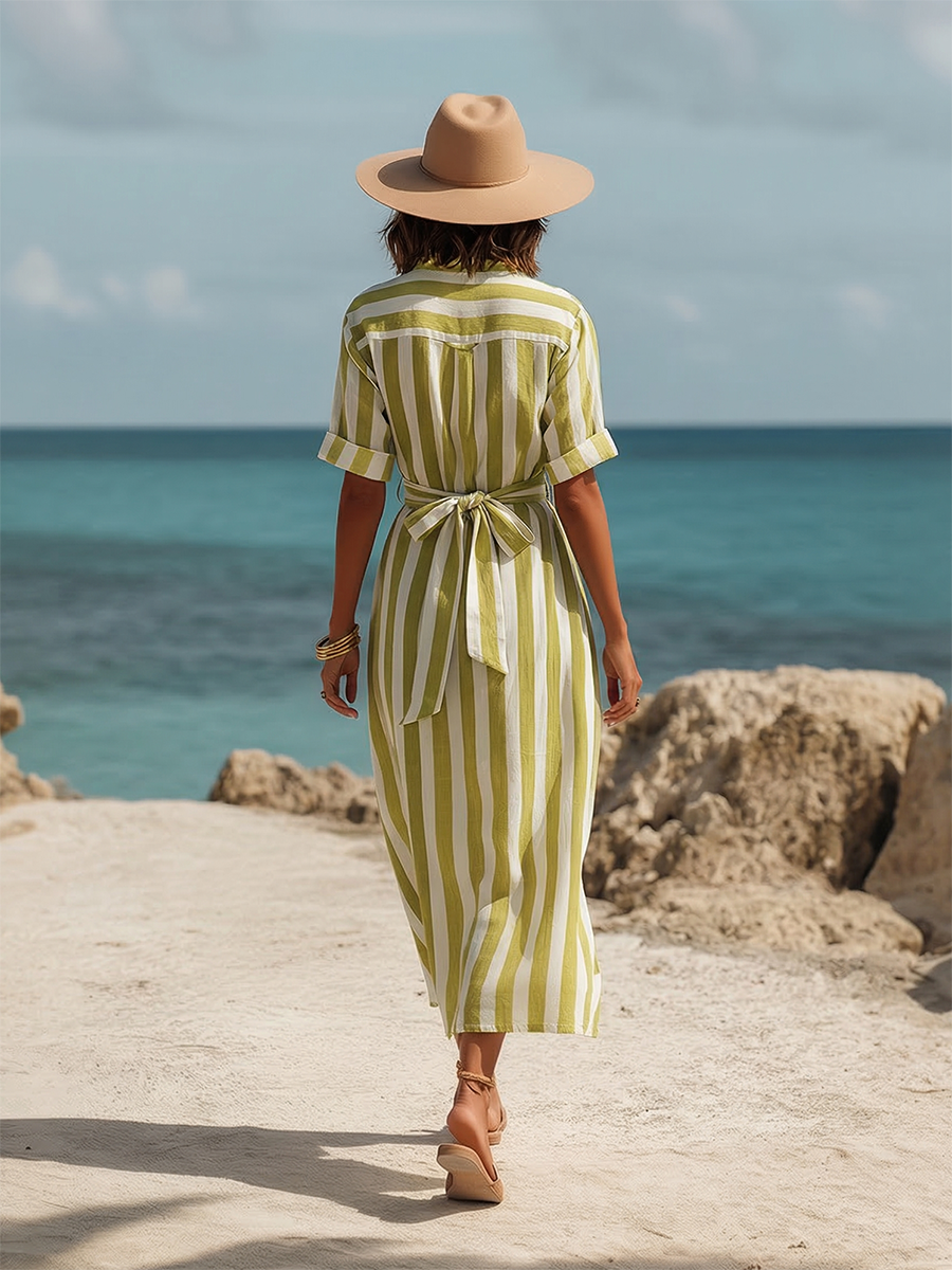 Simple Vacation-style Cotton And Linen Striped Short-sleeved Shirt Midi Dress