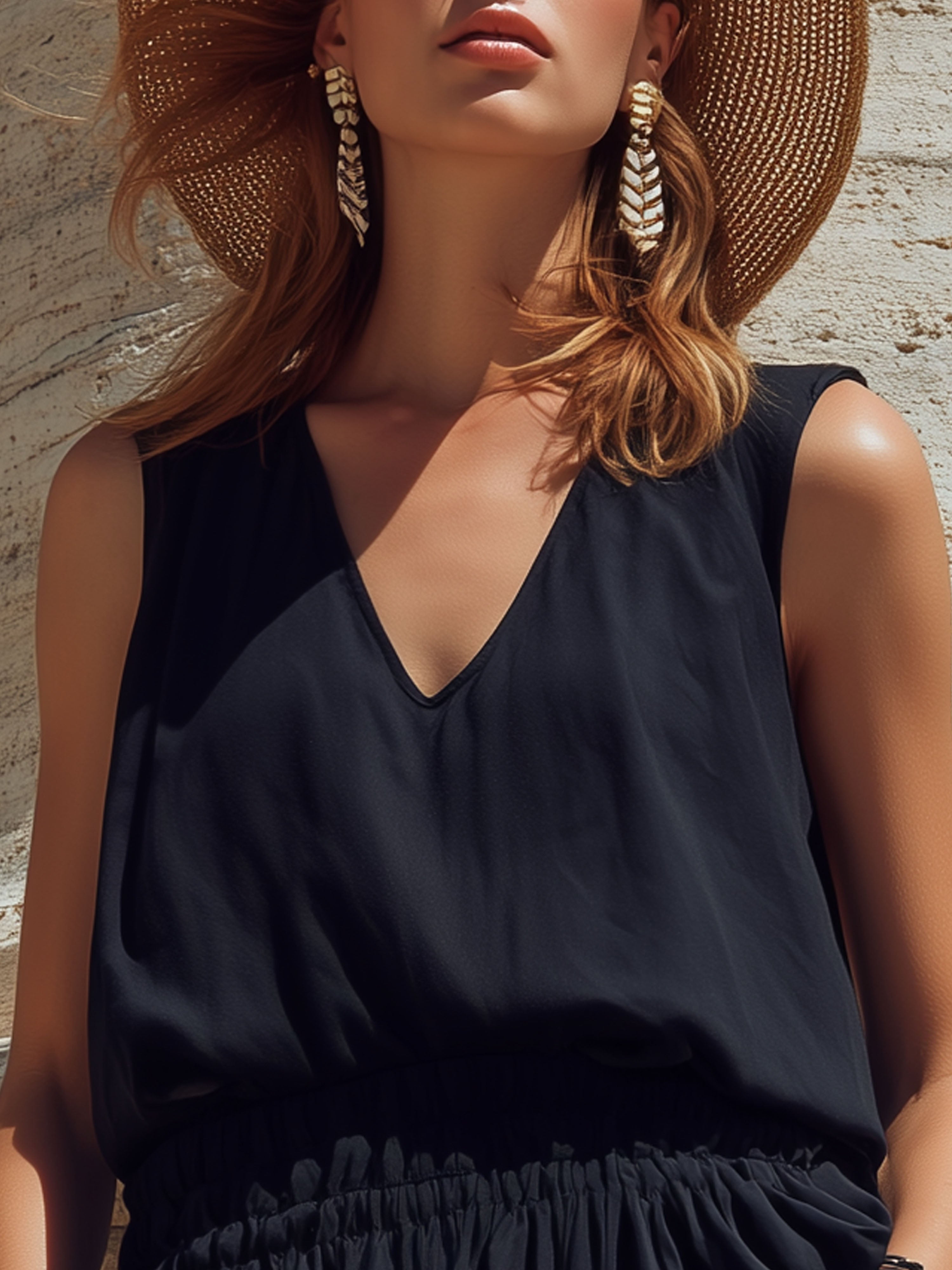 Elegant  Vacation-style Navy Blue Chiffon V-neck Sleeveless Ruffled Hem Top