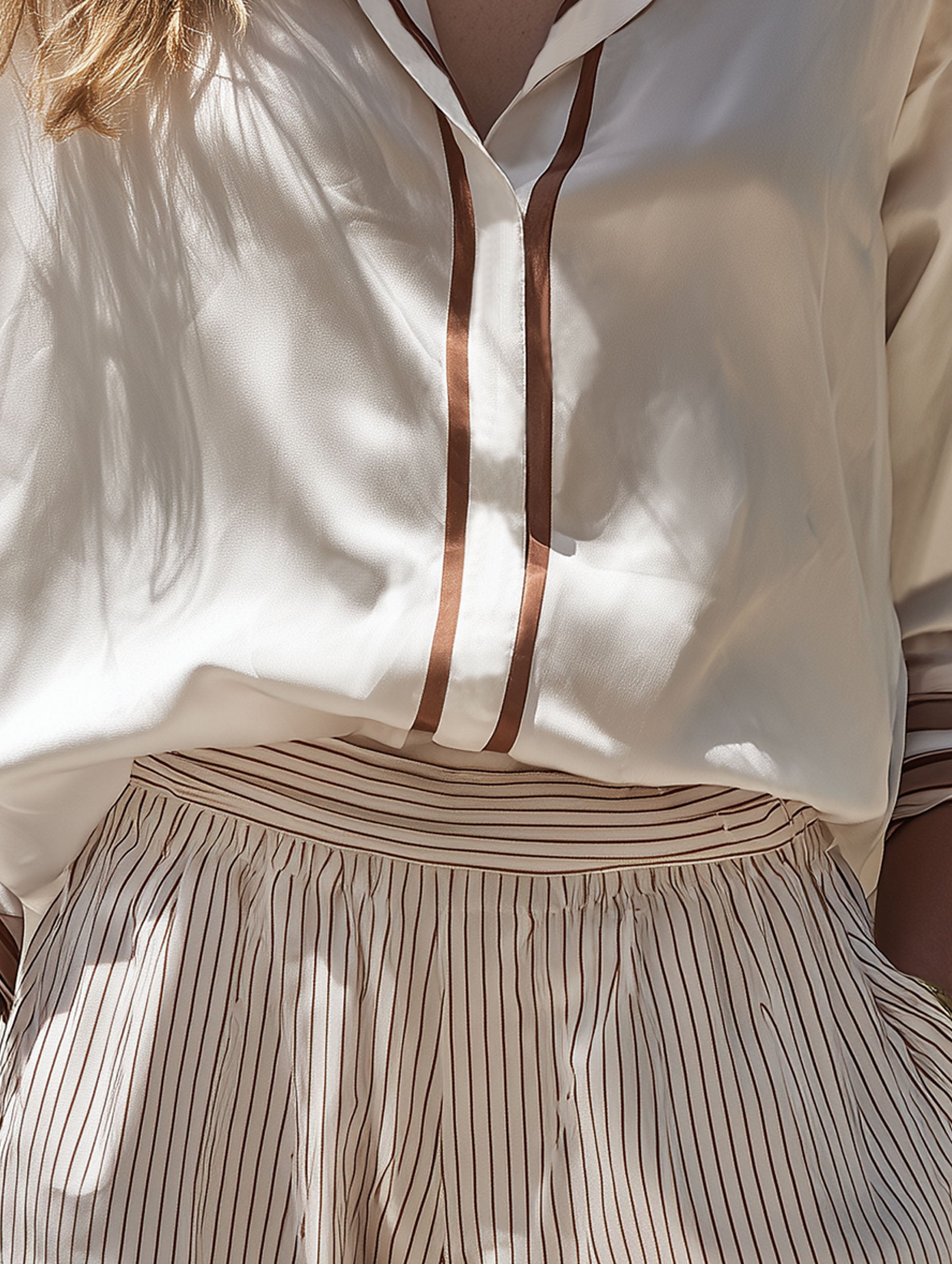 Resort-Style Tencel Fabric Brown Trim White Mid-Sleeve Shirt