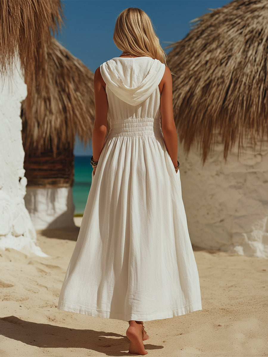 Casual Vacation White Hooded Zip-up Sleeveless Midi Dress